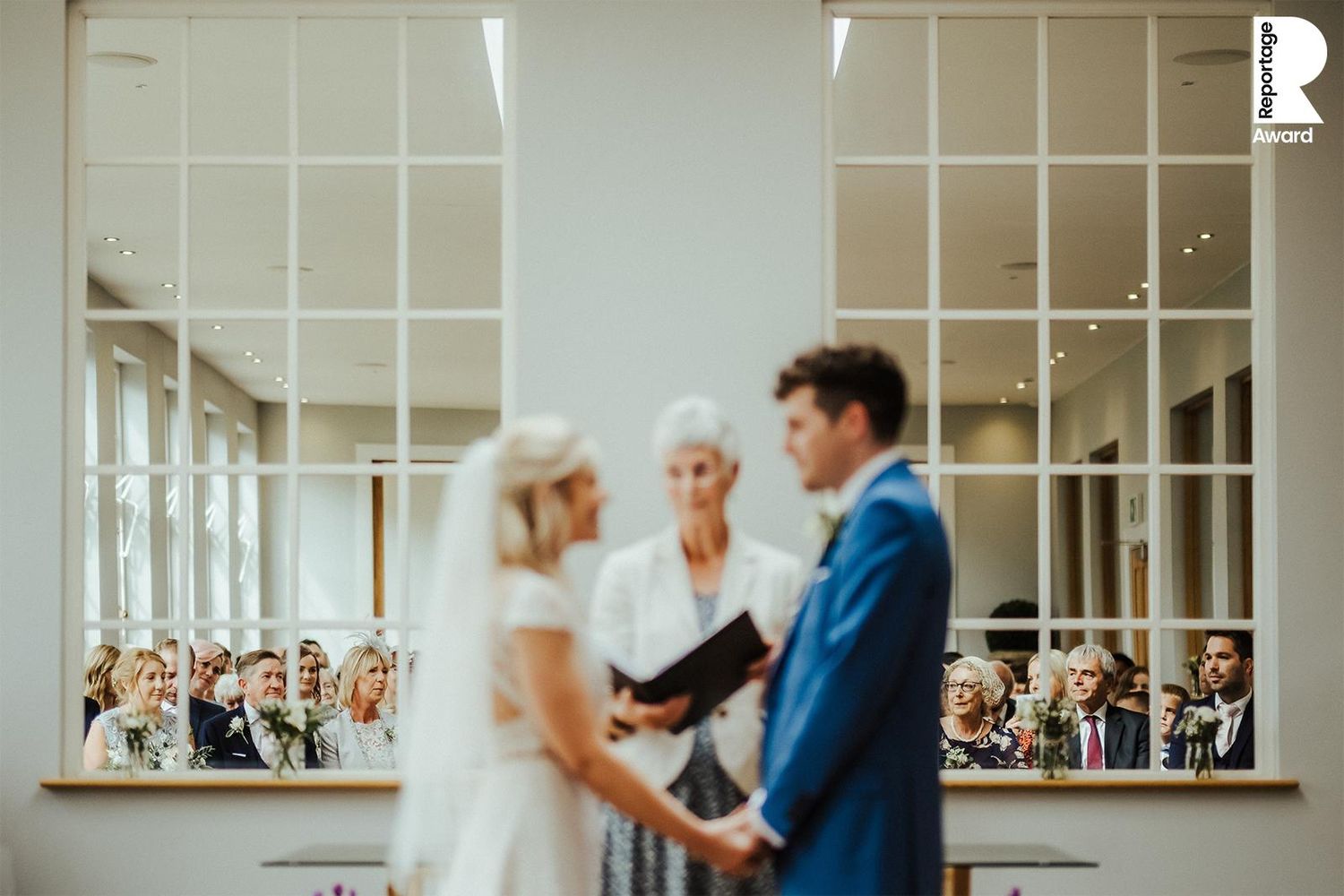 Wedding ceremony moments captured in a bright church interior with elegant decor and guests in attendance.