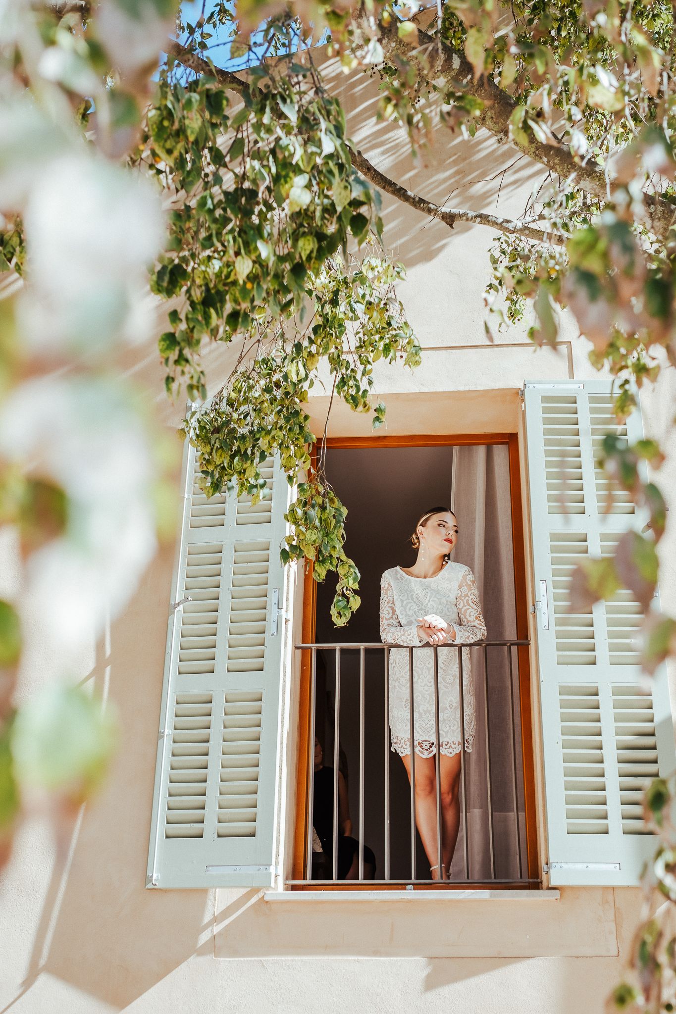 Person standing by an open window with white shutters as tree branches create a natural frame around the scene.