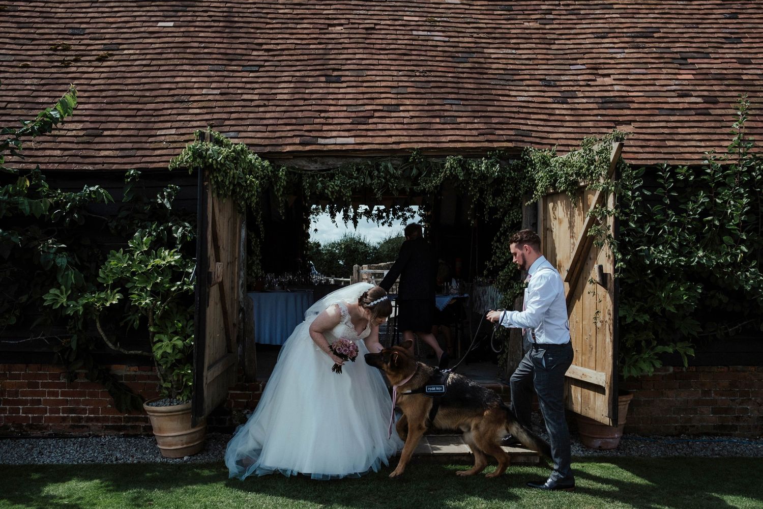 Couple pets dog during outdoor wedding moment in rustic garden setting.
