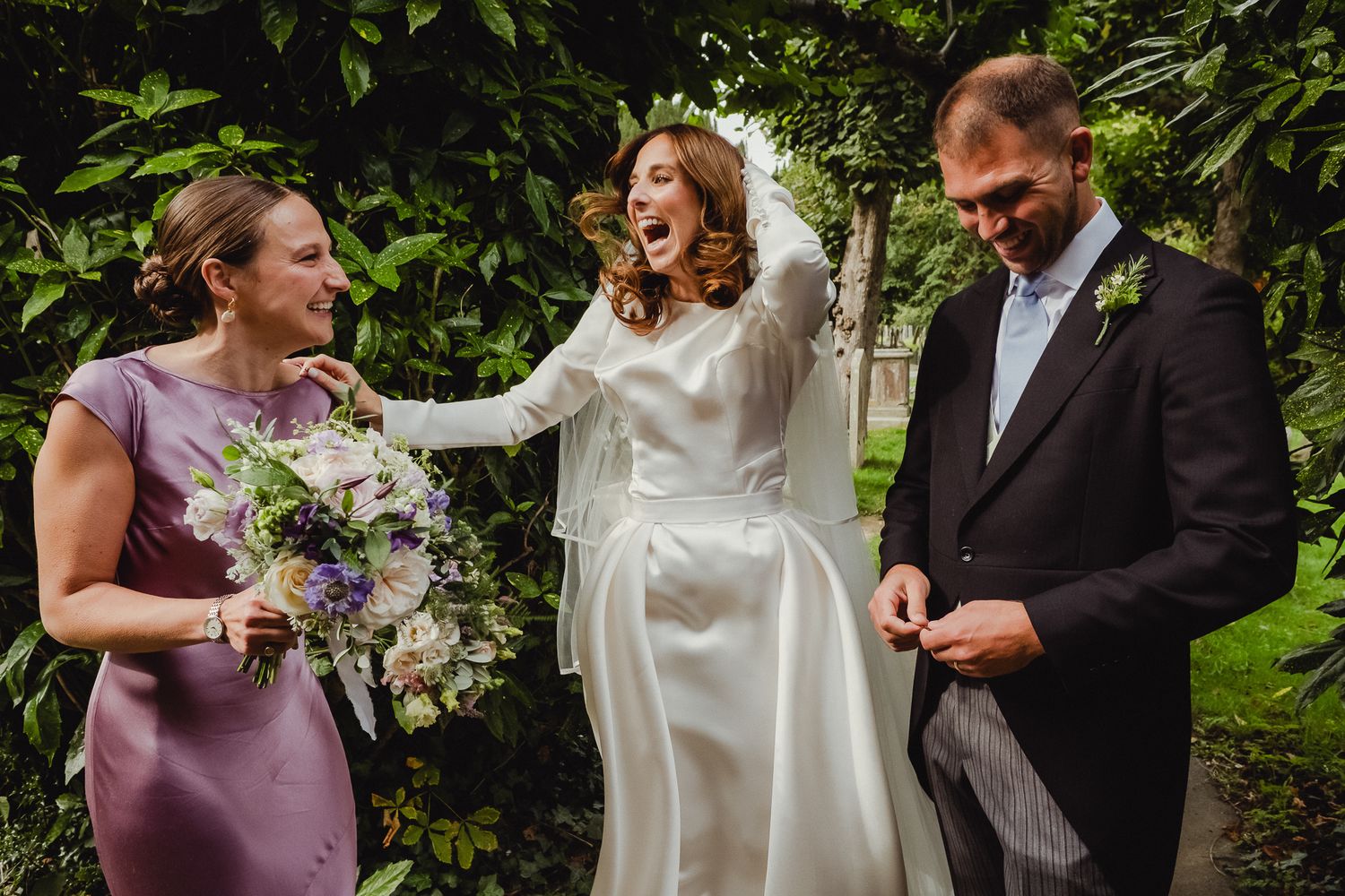 A series of candid wedding moments captured outdoors showing joyful interactions between wedding party members in a garden setting.