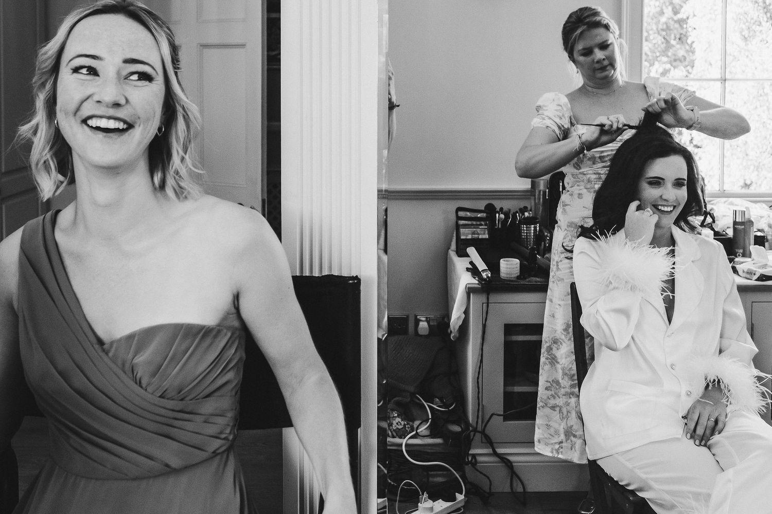 Black and white collage of wedding preparation moments showing joyful expressions.