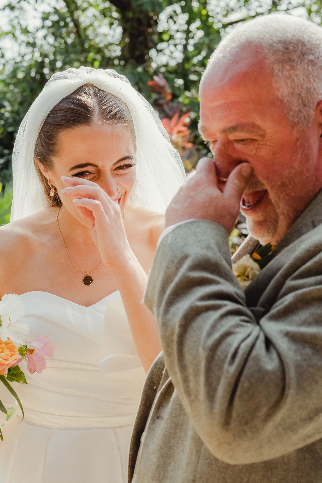 A series of candid wedding photos showing joyful emotional moments between a bride and someone in a grey suit outdoors.