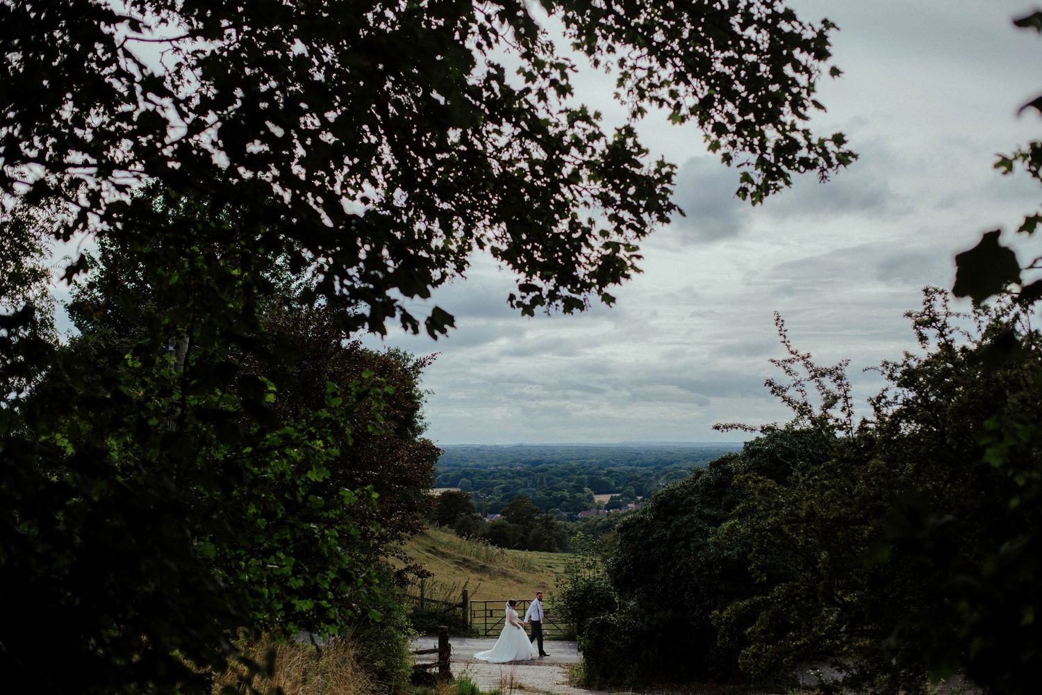 Scenic wedding portrait with couple on hillside path framed by trees and cloudy sky.