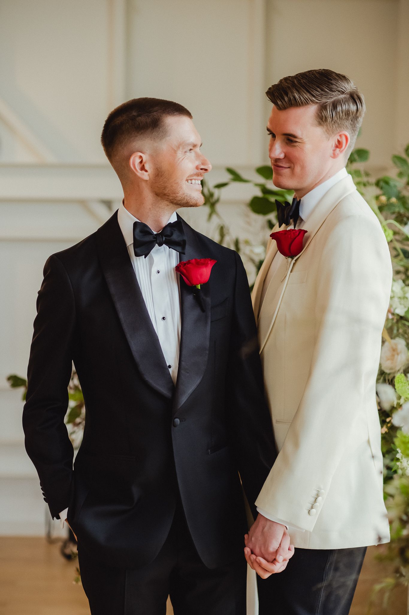 A romantic wedding moment captured in a sequence showing two people in formal attire sharing tender glances and embraces.