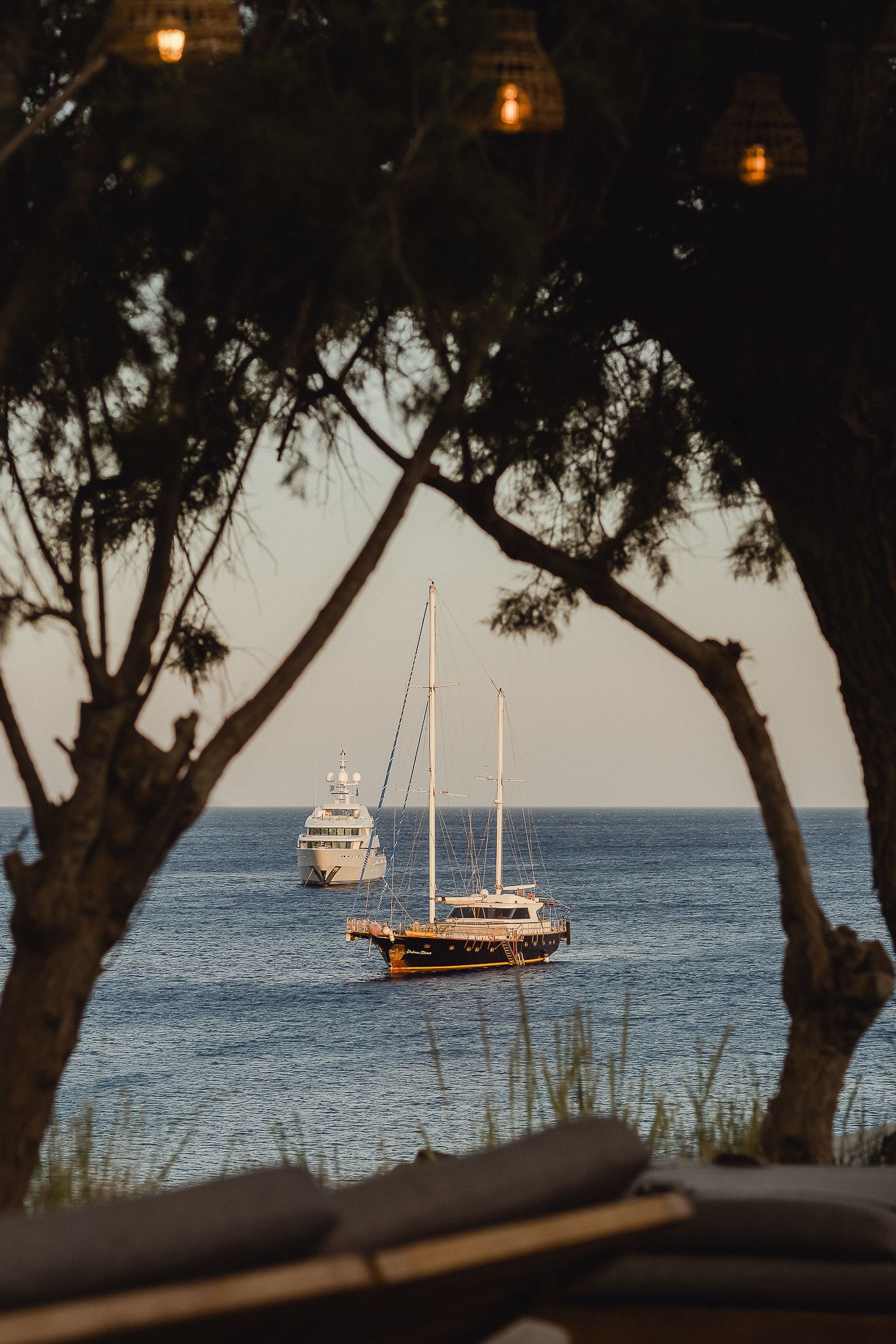A serene view of sailboats anchored in calm blue waters, framed by silhouetted trees along the shoreline at sunset.