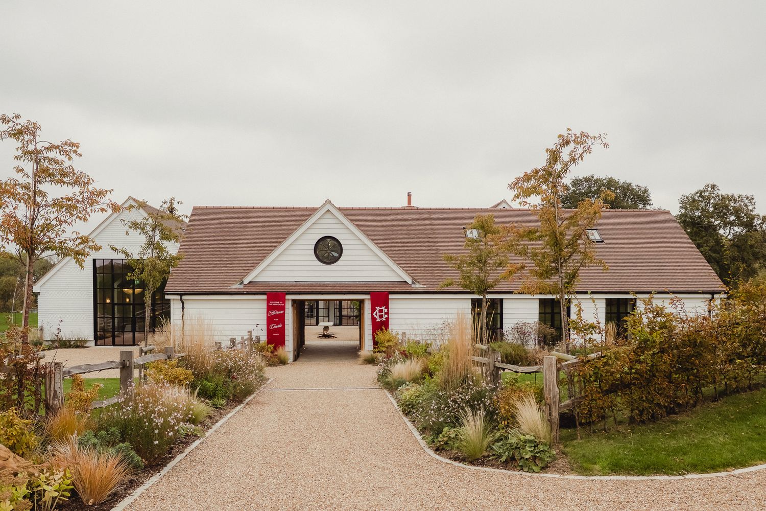 A panoramic sequence showing a white house with brown roof set against an autumn landscape at different angles.