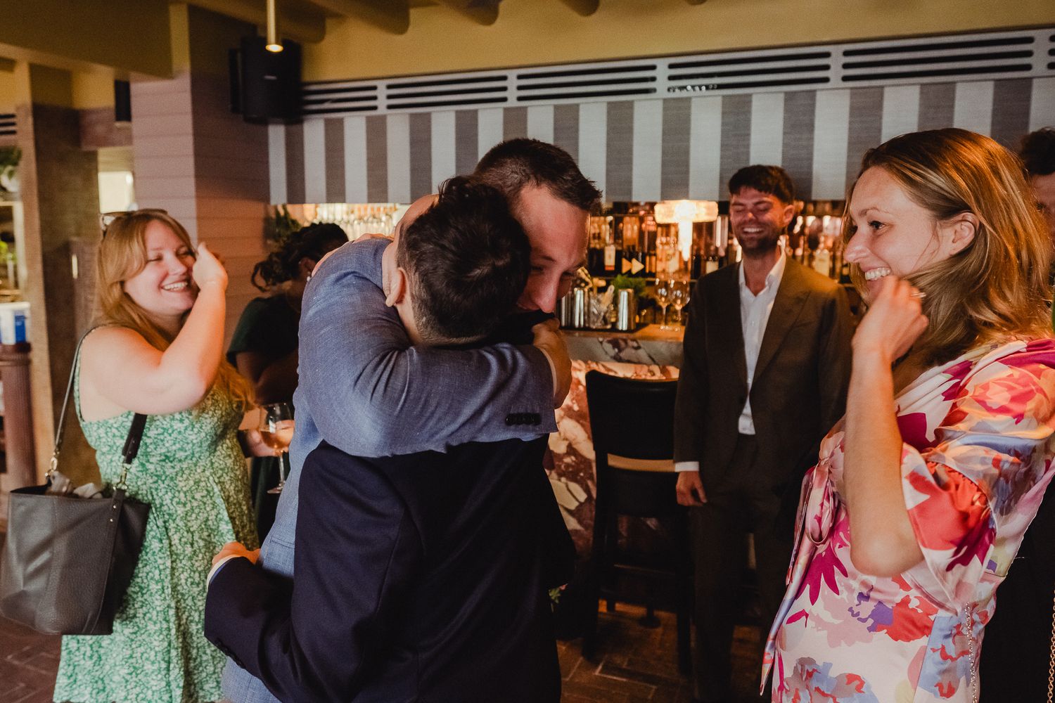 A sequence of candid party photos showing people dancing and socializing at an indoor celebration event.