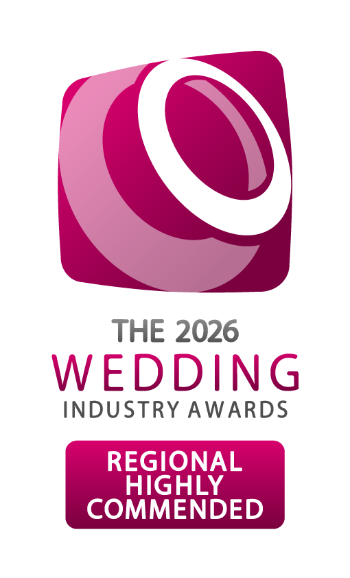 The 2023 Regional Highly Commended Wedding Industry Awards logo in magenta and white colors.