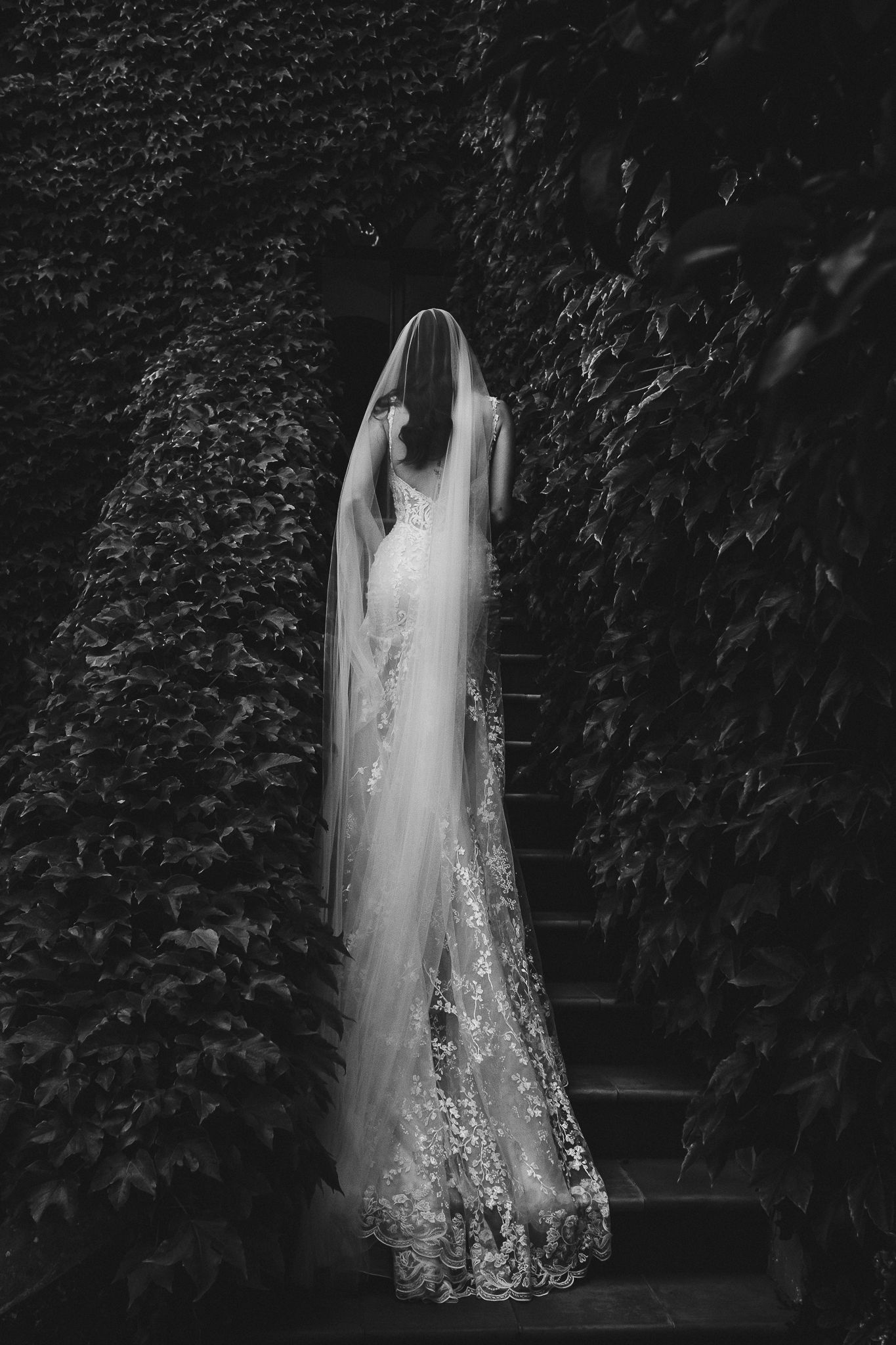 A bride in a flowing lace wedding gown and long veil stands on stone steps surrounded by dark ivy-covered walls.