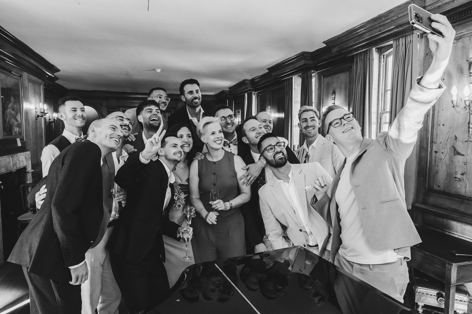 Black and white photos show a lively dance party scene with people dancing and celebrating in a festive atmosphere.