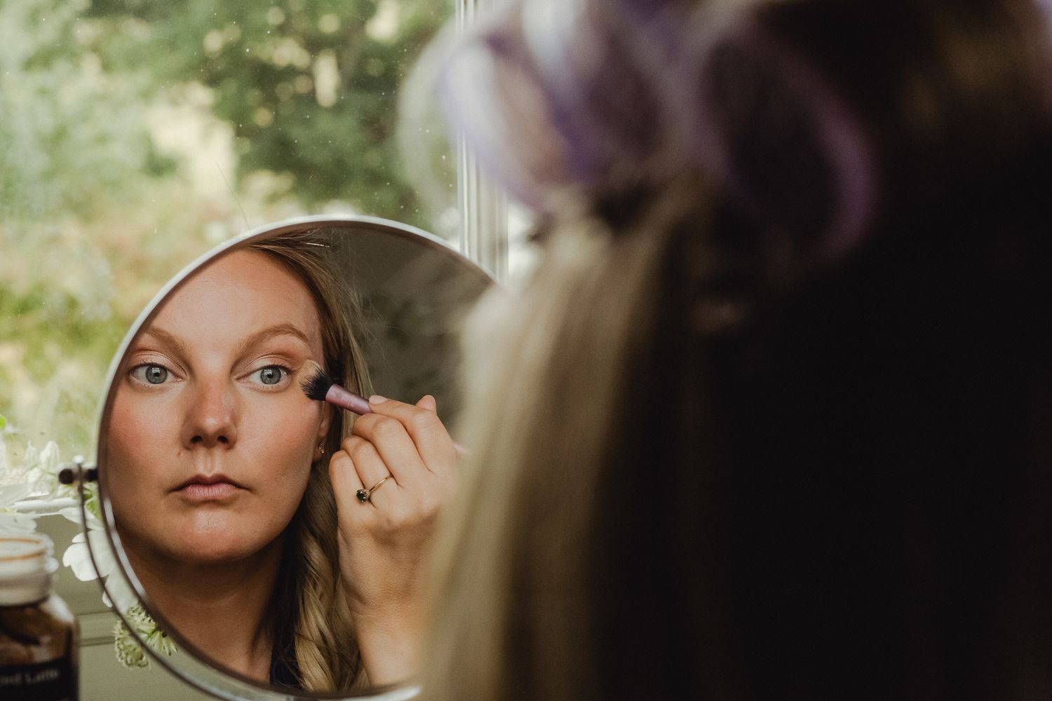 A collection of close-up beauty shots showing eye makeup and cosmetic application techniques.