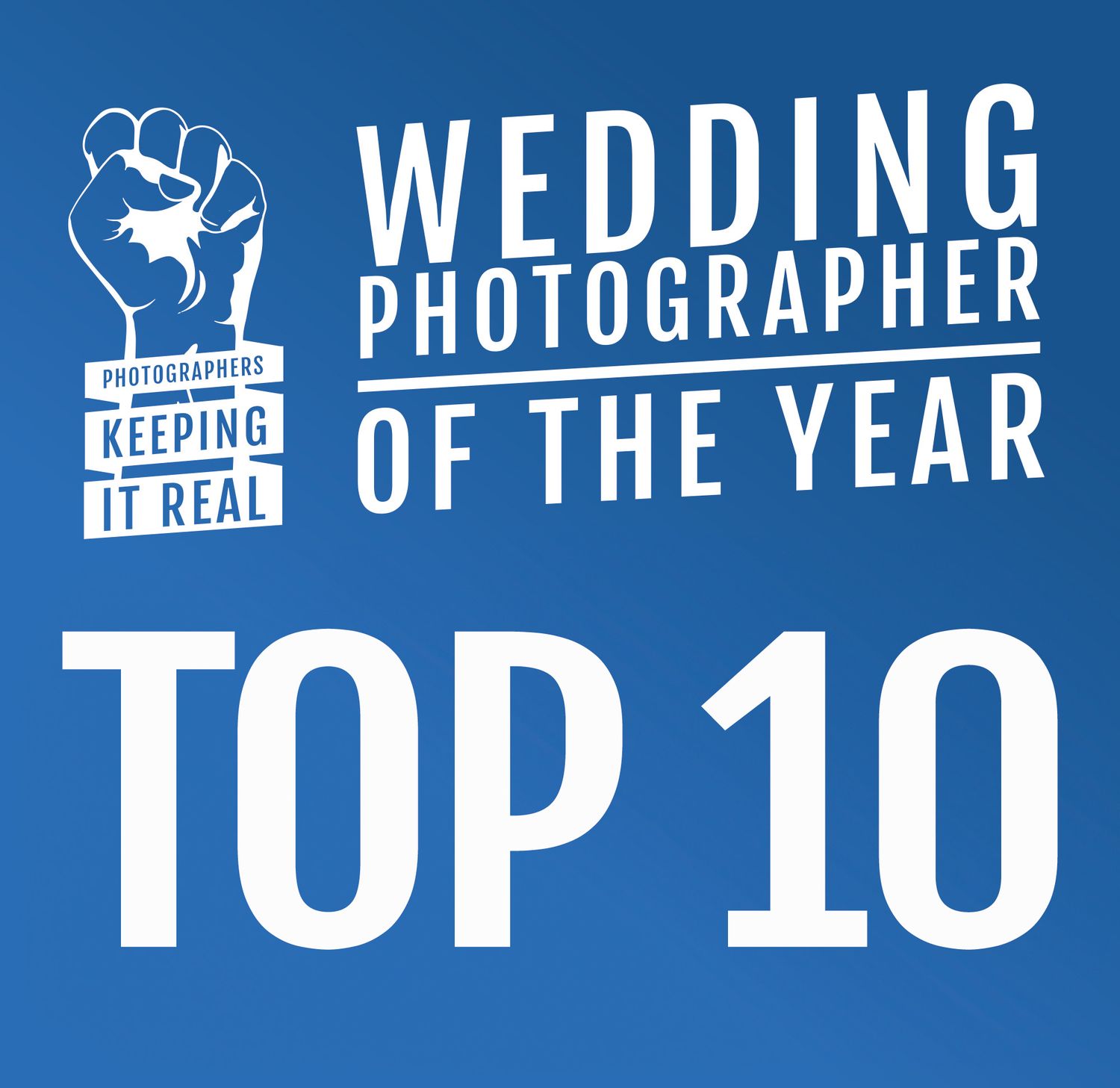 Blue graphic design showing Wedding Photographer of the Year Top 10 award with raised fist logo and text.