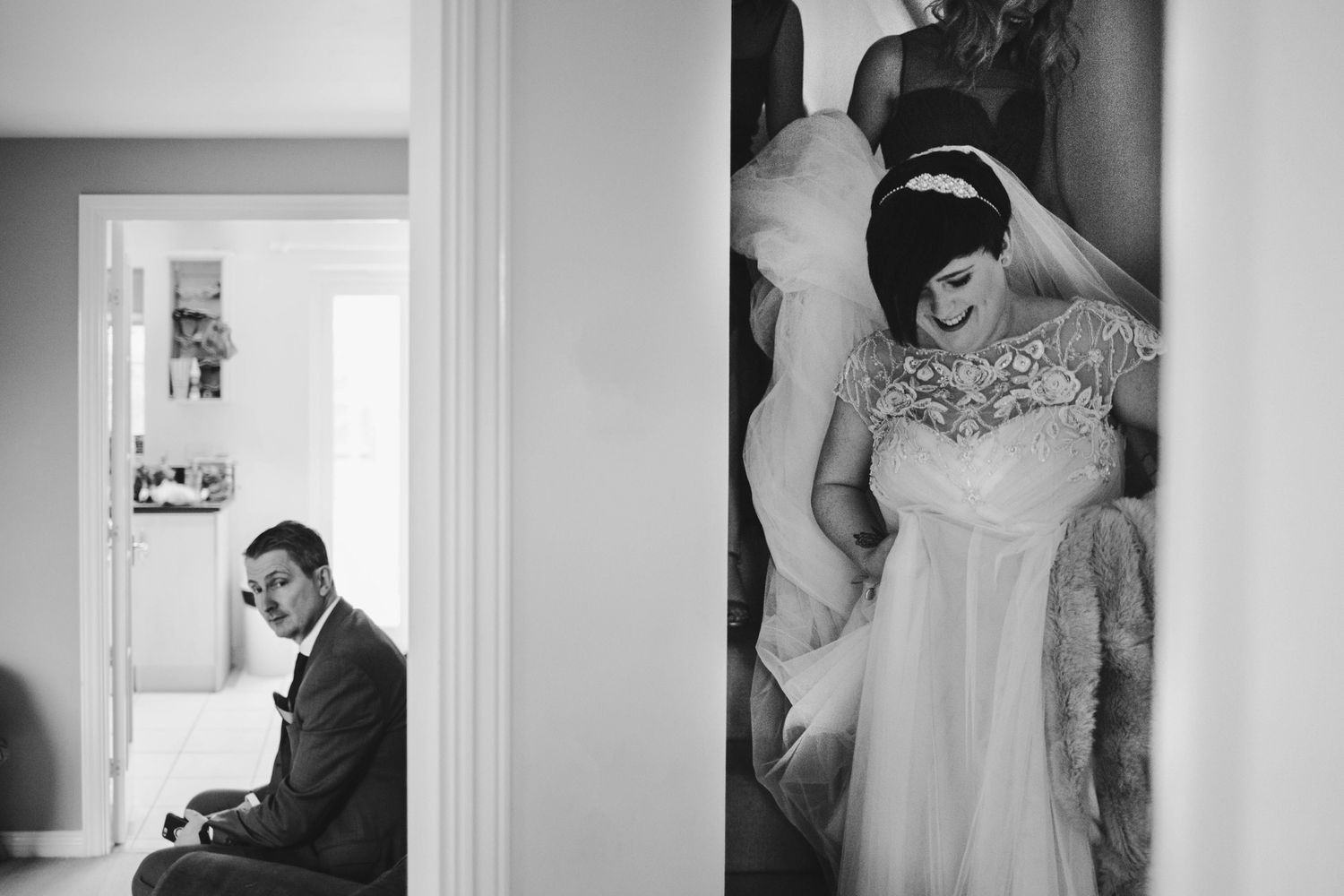 Split composition showing contrasting moments of wedding preparation.