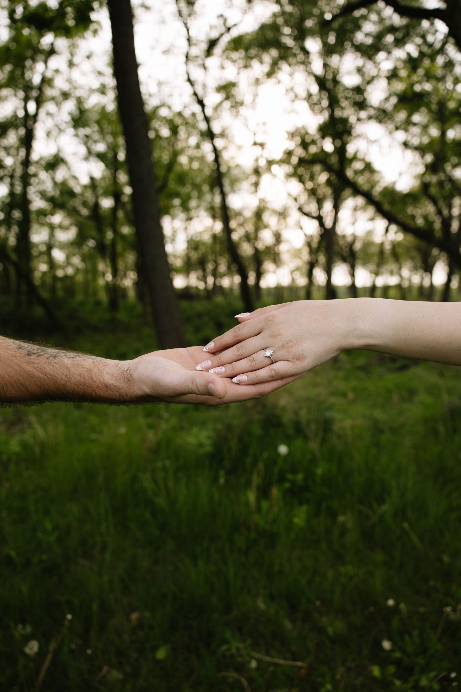 A couple gently holds hands in a lush green forest, with an engagement ring visible on the woman's finger.