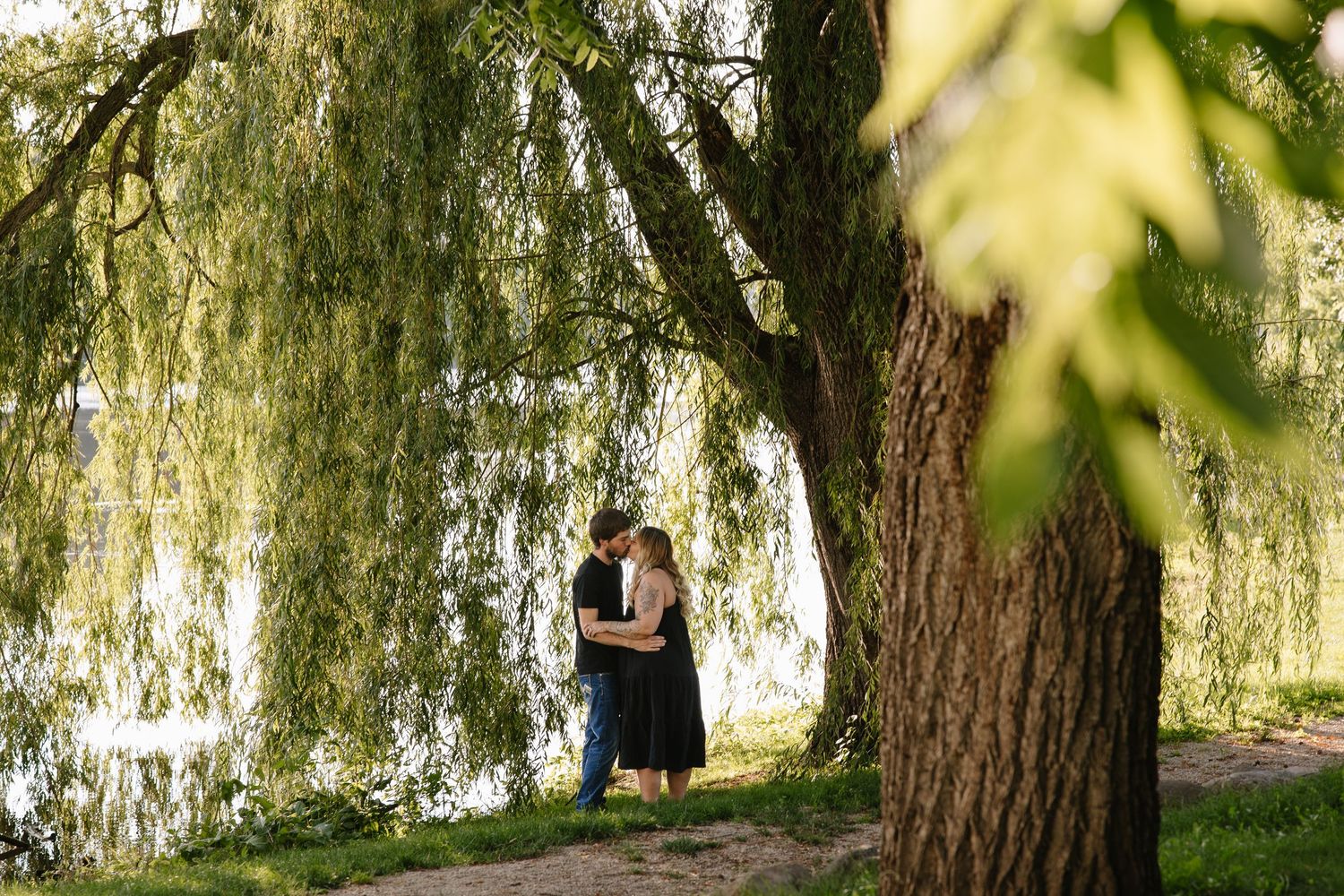 Couple sharing a romantic kiss under a weeping willow tree by a lake in a lush green park.