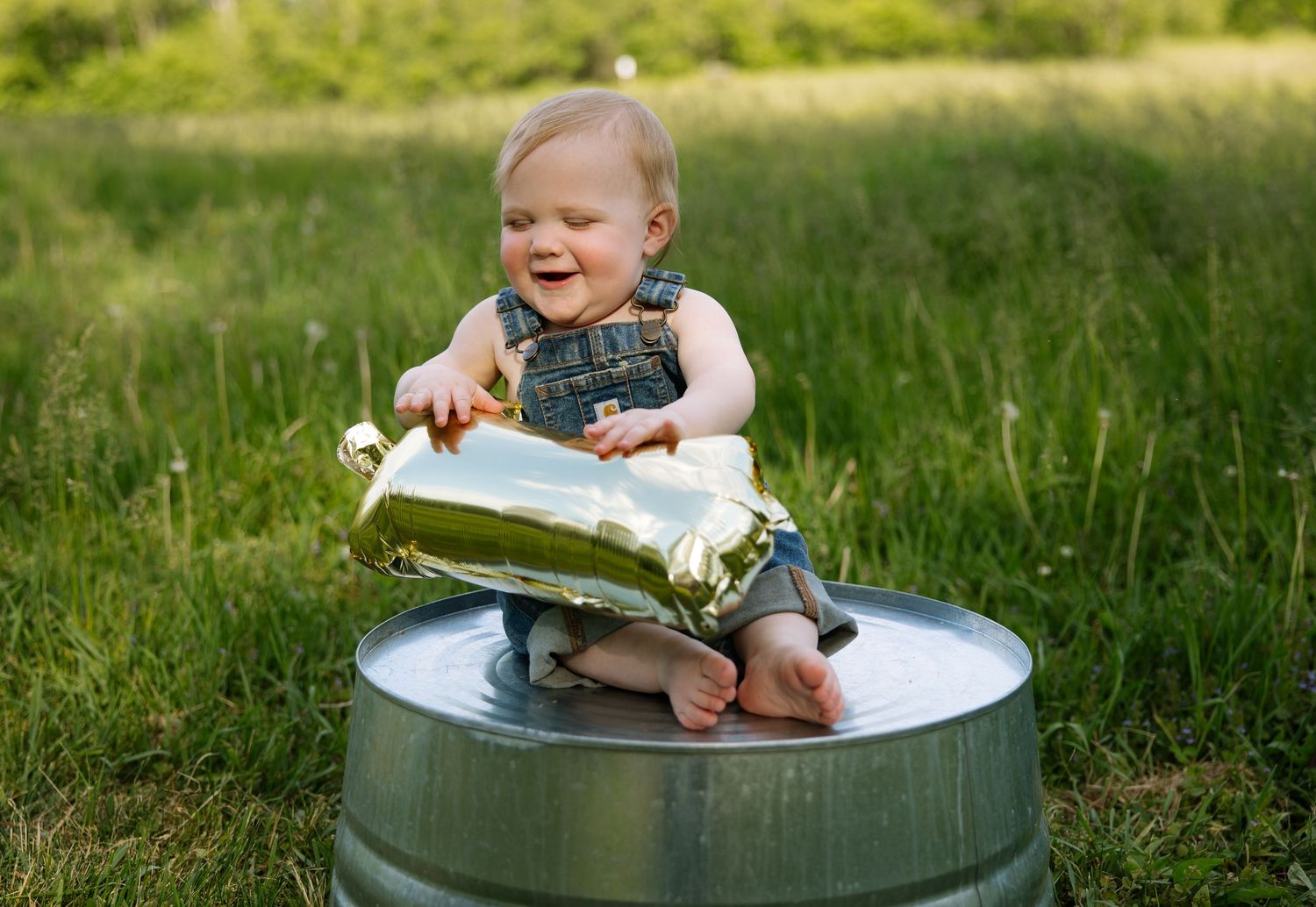 Happy baby in denim overalls sitting on a metal barrel outdoors, holding a gold foil bag while smiling in a green field.
