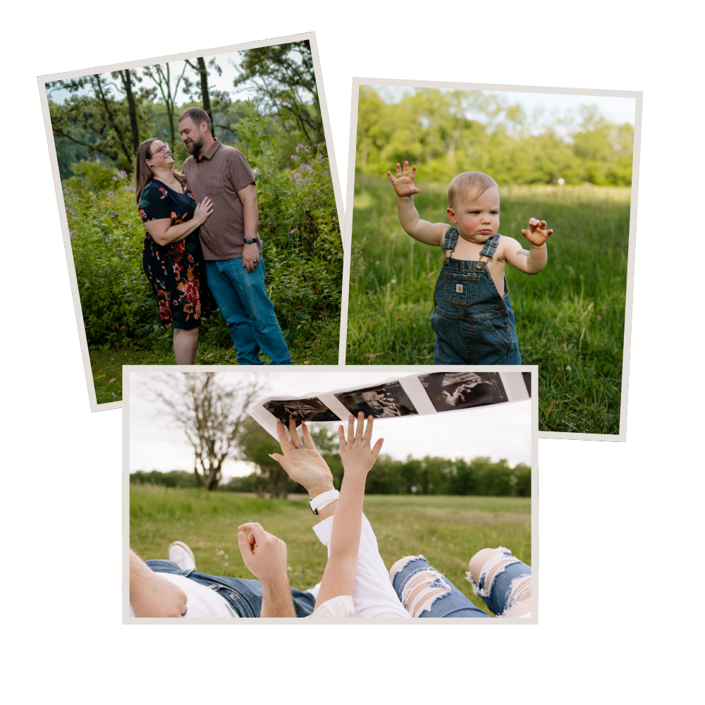 A couple embraces outdoors, a toddler plays in a green field, and parents hold an ultrasound photo together.