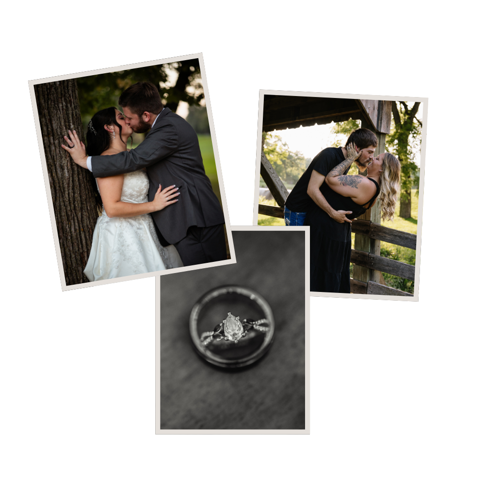 Wedding collage featuring couple kissing by tree, romantic outdoor embrace, and elegant diamond engagement ring close-up.