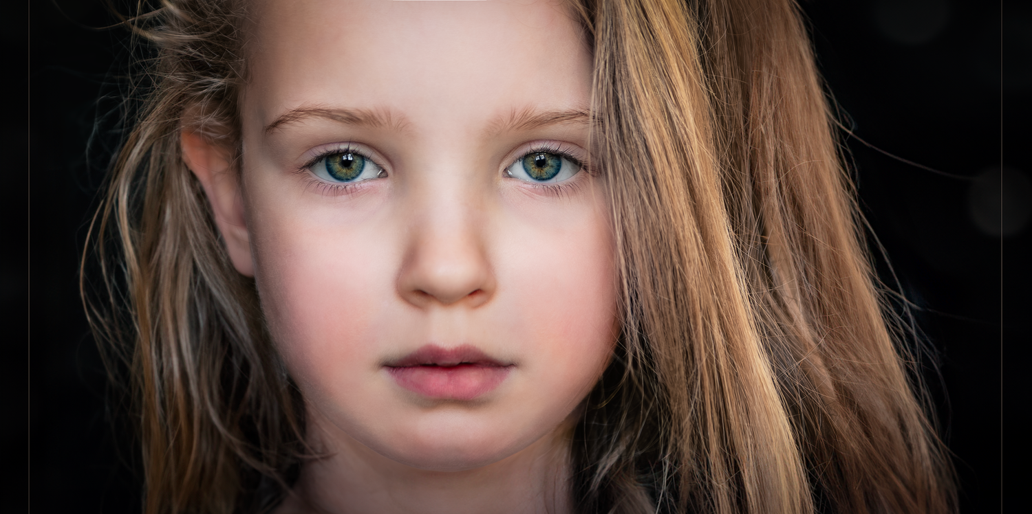 Close up portrait series showing dramatic lighting and expressions on dark background.