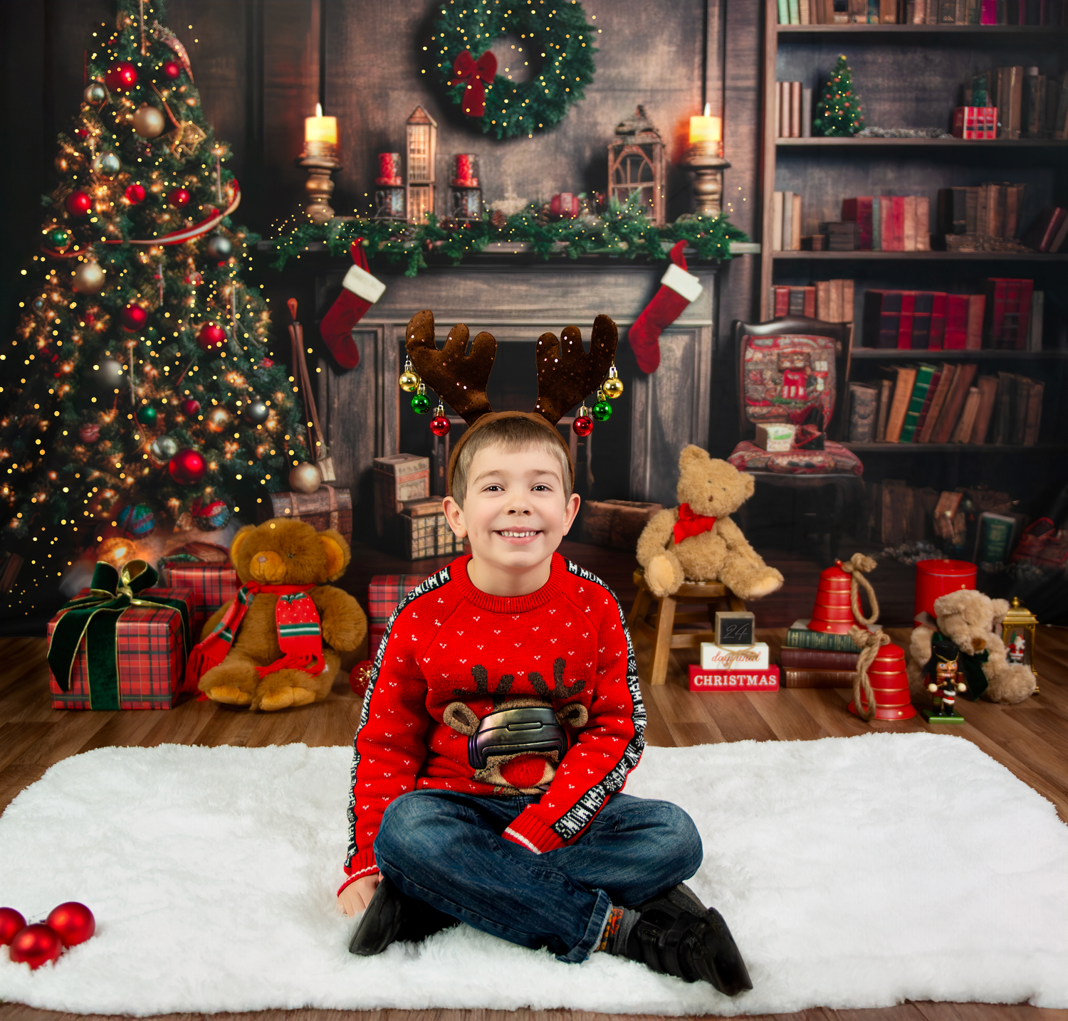 A festive holiday photo sequence showing a cozy living room decorated with Christmas wreaths, ornaments, and twinkling lights.