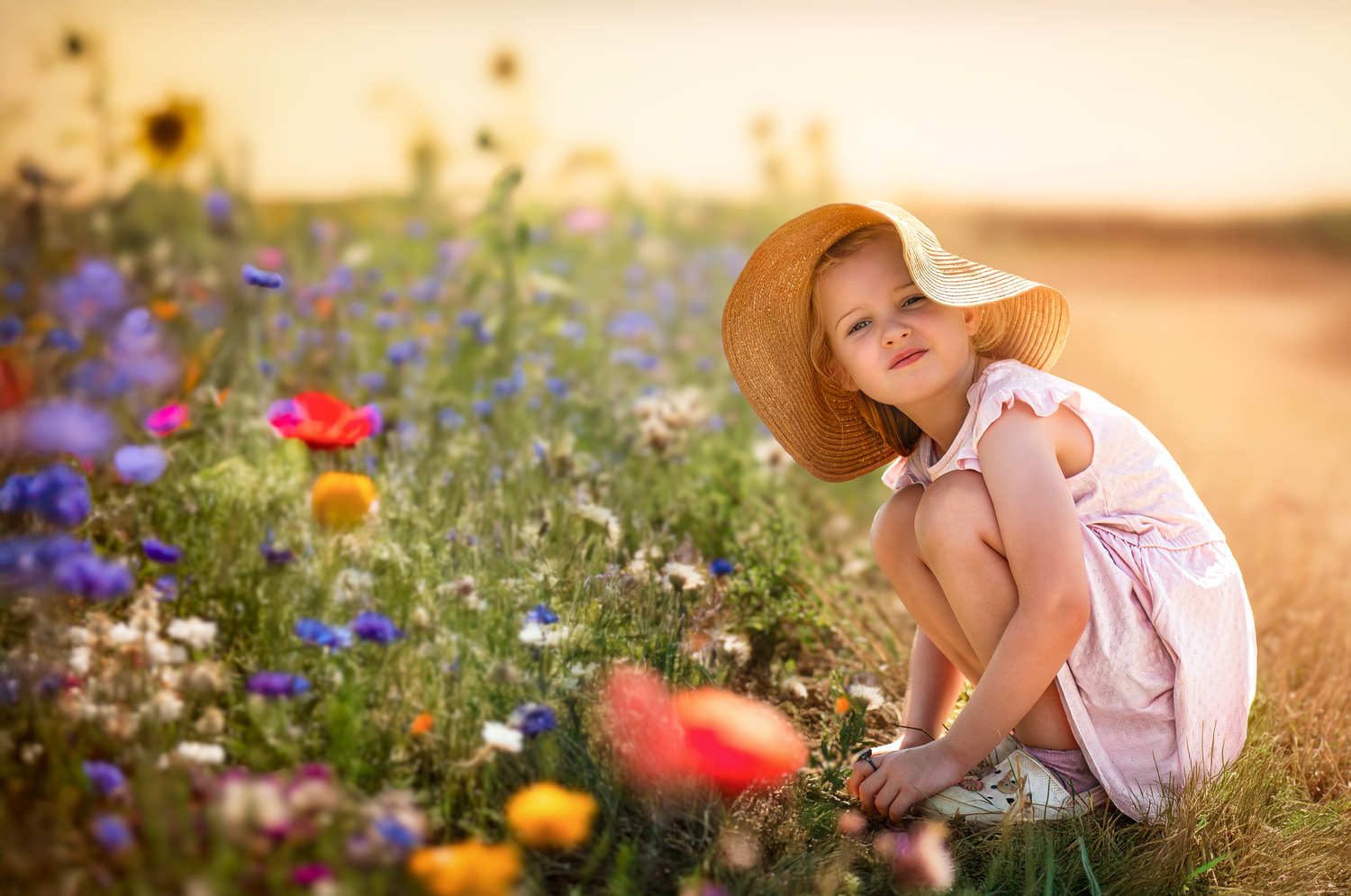 Colorful wildflower garden with blooming flowers in warm sunset light.