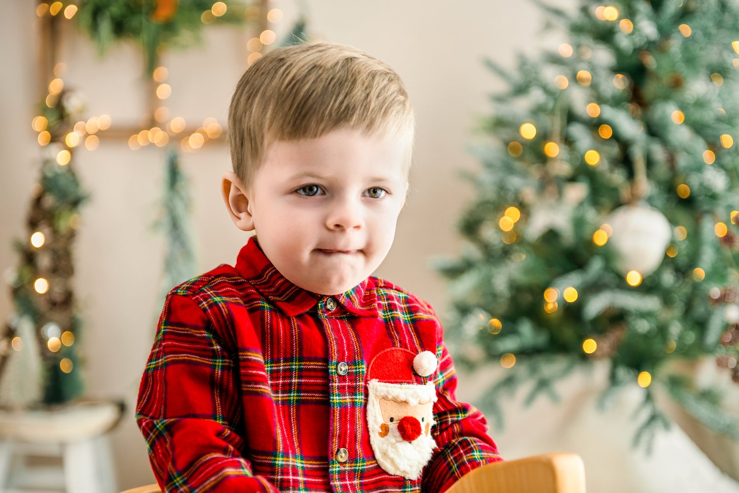 A child in a red plaid holiday outfit smiles while sitting near decorated Christmas trees and festive decor.