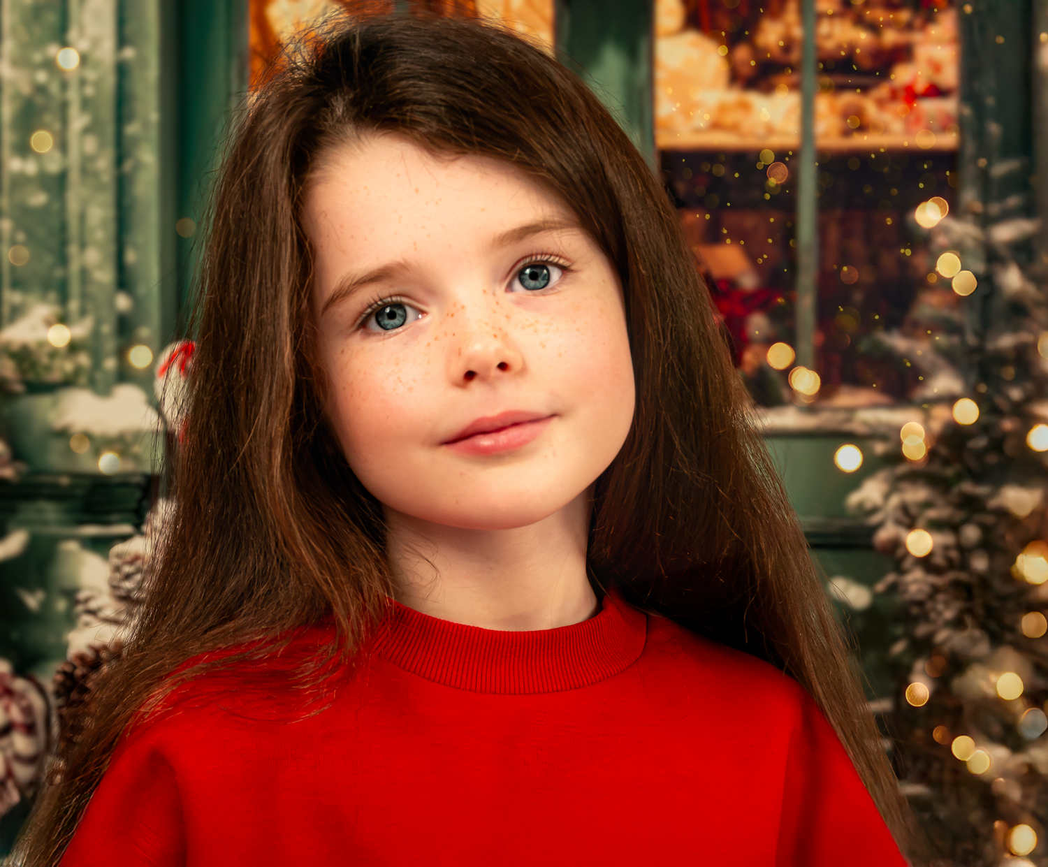 A young child in a red sweater poses in front of illuminated Christmas trees and decorations.