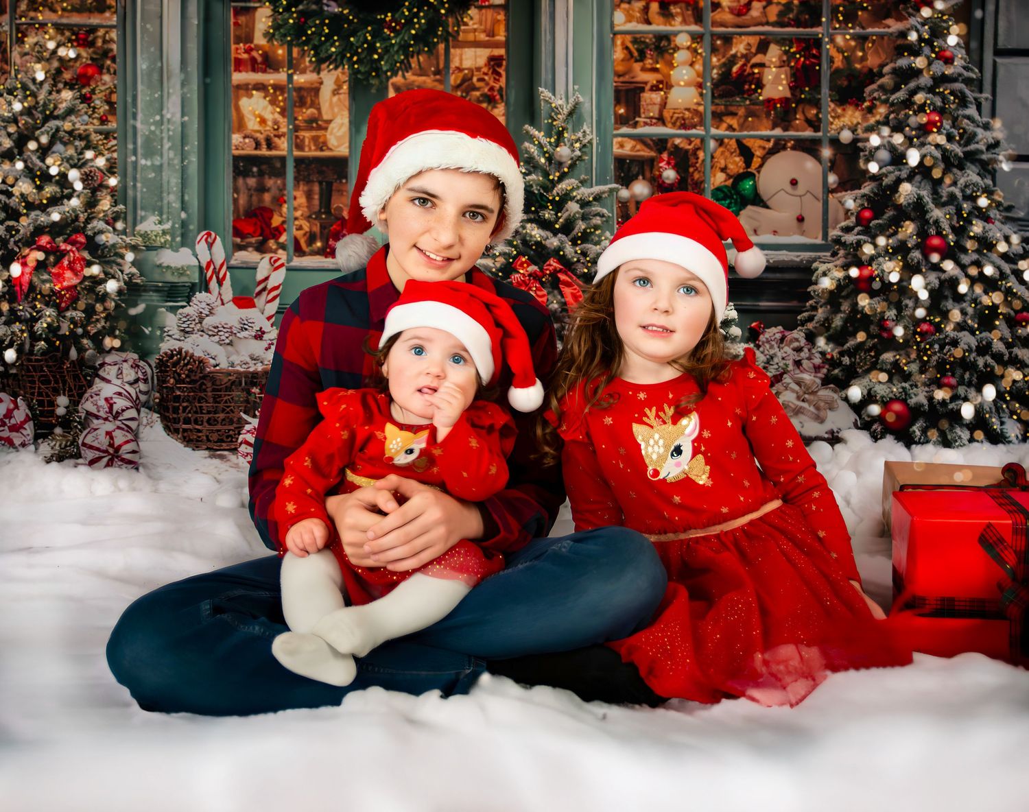 Winter holiday portraits featuring festive red and navy outfits against snowy backdrops and decorated Christmas trees.