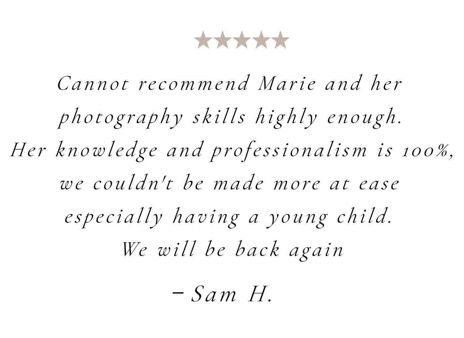 Five-star customer review praising Marie's photography skills, professionalism, and ability to work with young children.