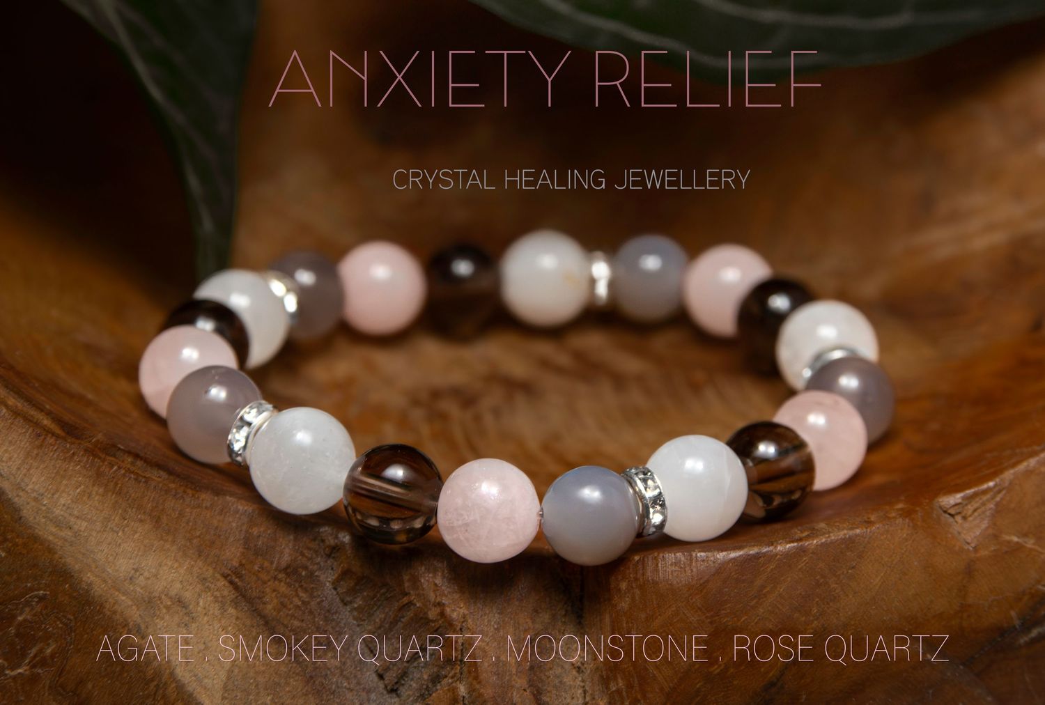 Crystal healing jewelry display featuring anxiety relief bracelets with natural stones.
