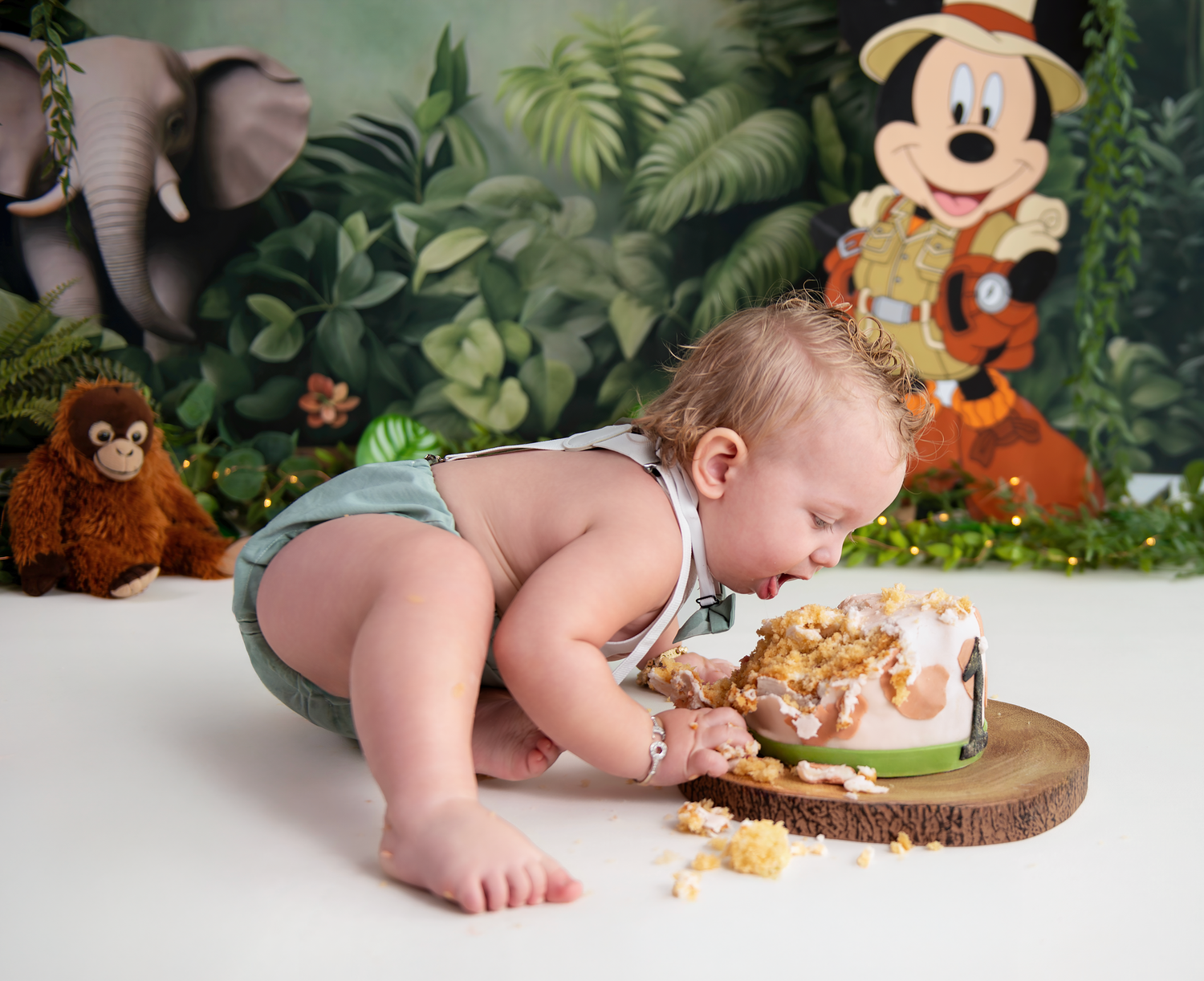 A series of baby milestone photos with woodland themed decorations and Mickey Mouse plush toys arranged on a green backdrop.