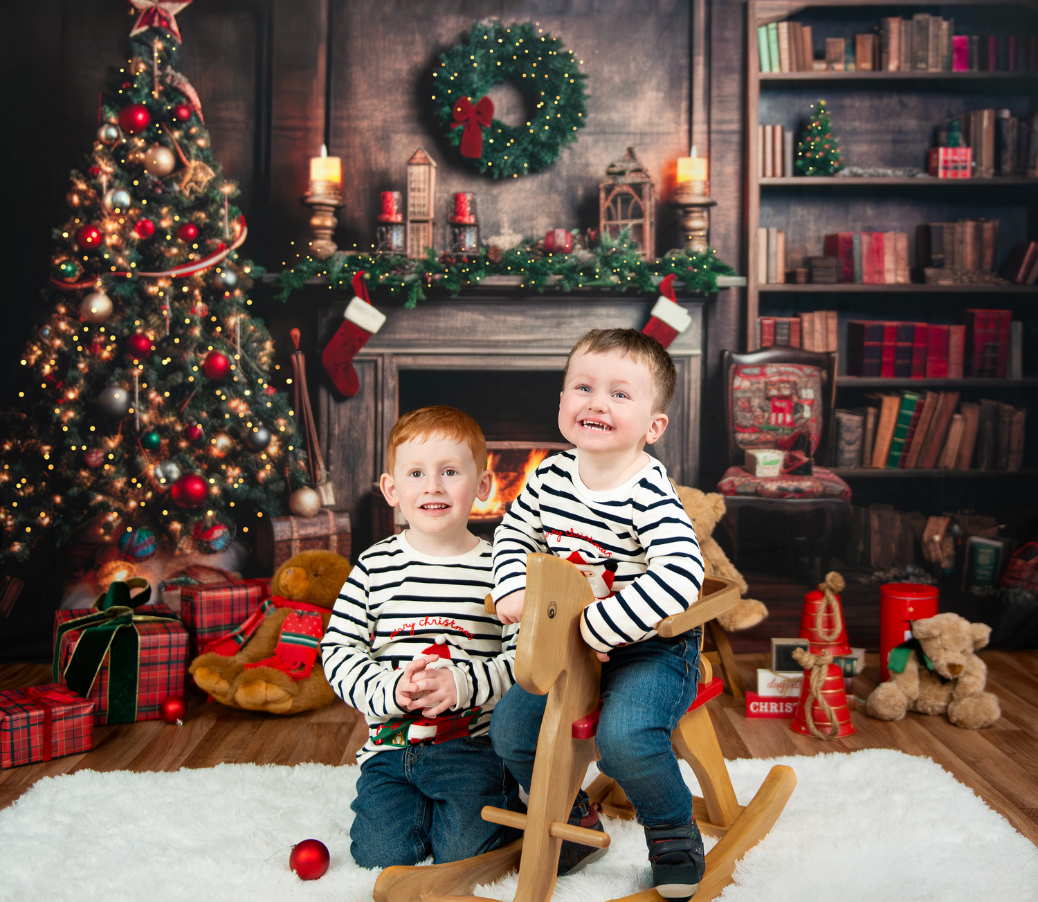 A festive Christmas scene with a decorated tree, bookshelves, and cozy holiday decor in a warm living room setting.