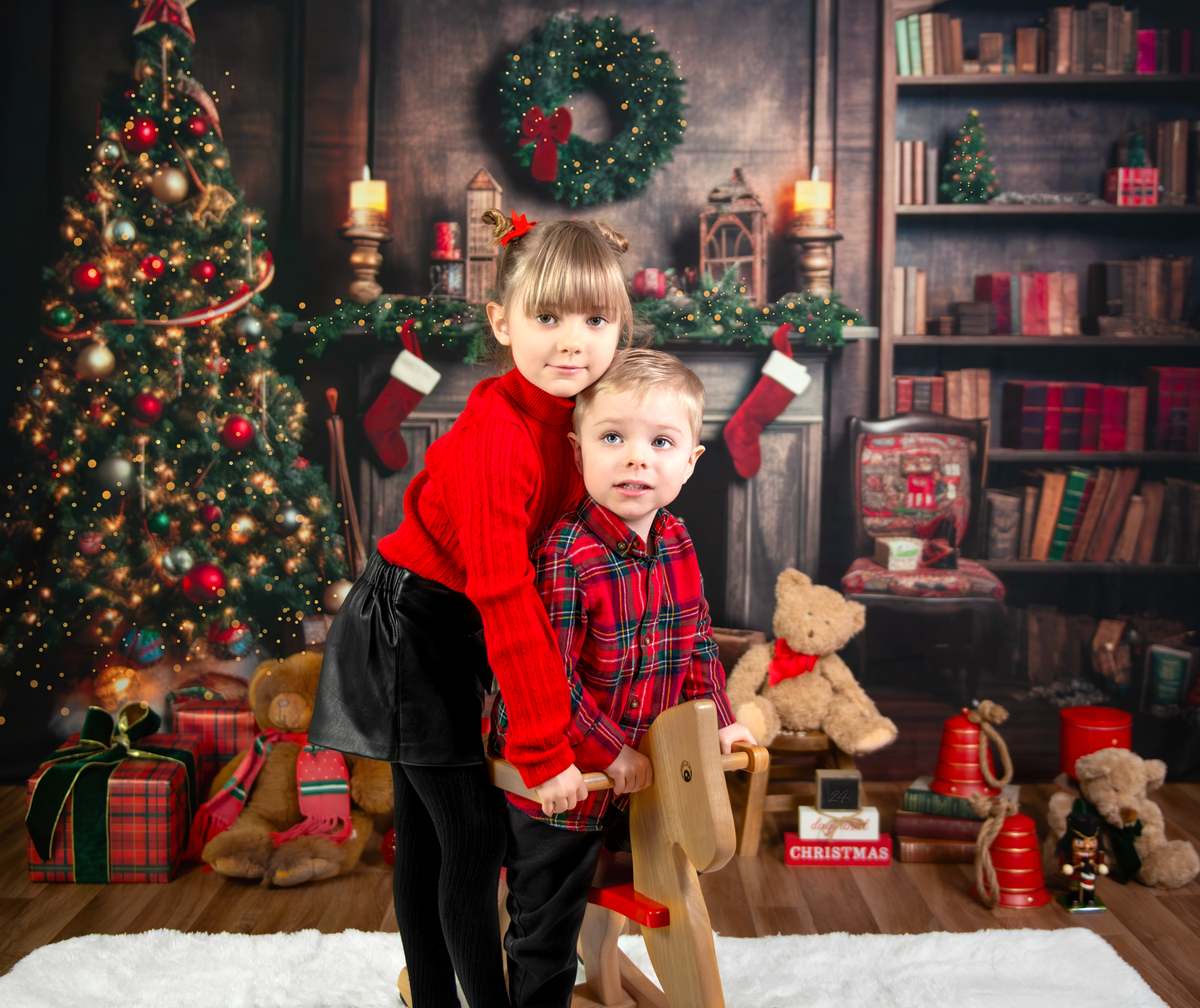 A cozy Christmas scene with a decorated tree, plaid blankets, and bookshelves creating a warm holiday atmosphere.