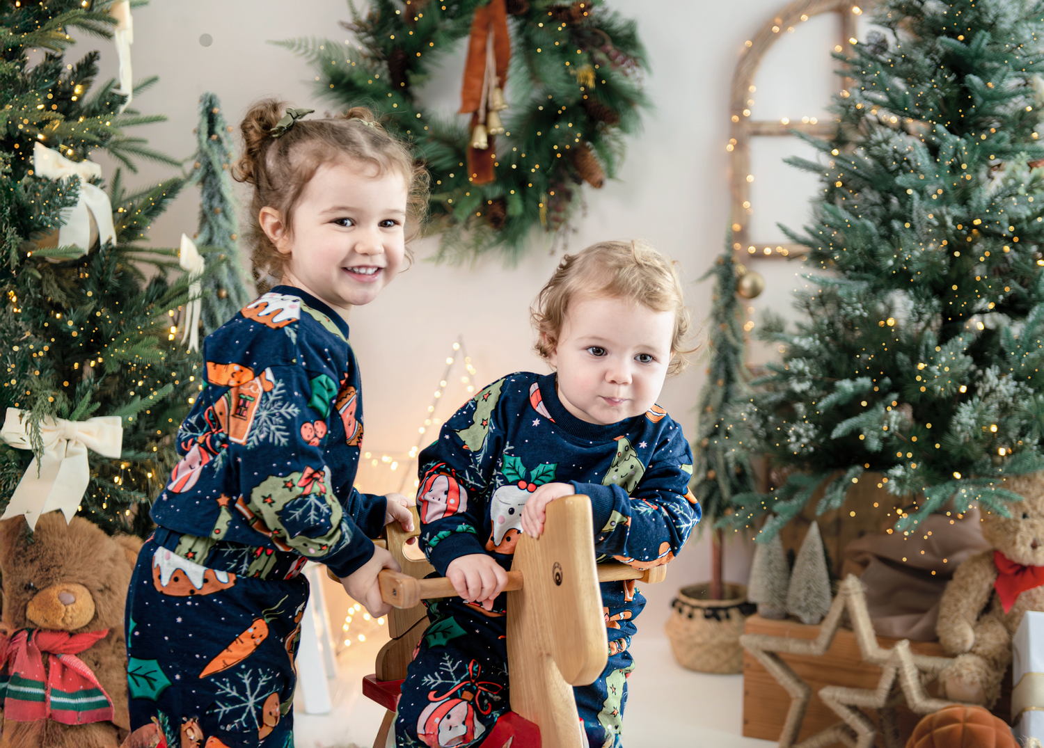 A sequence of festive holiday photos showing evergreen wreaths and decorations against a light-colored wall.
