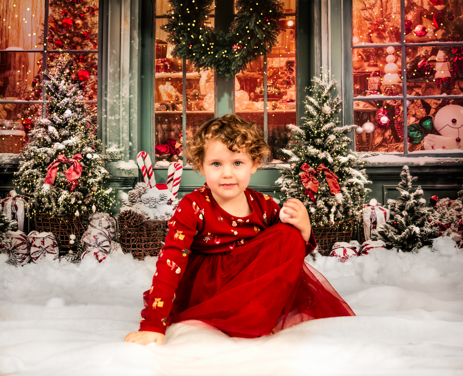 Festive outdoor Christmas scene with decorated trees, red bows, and snow against a storefront window.