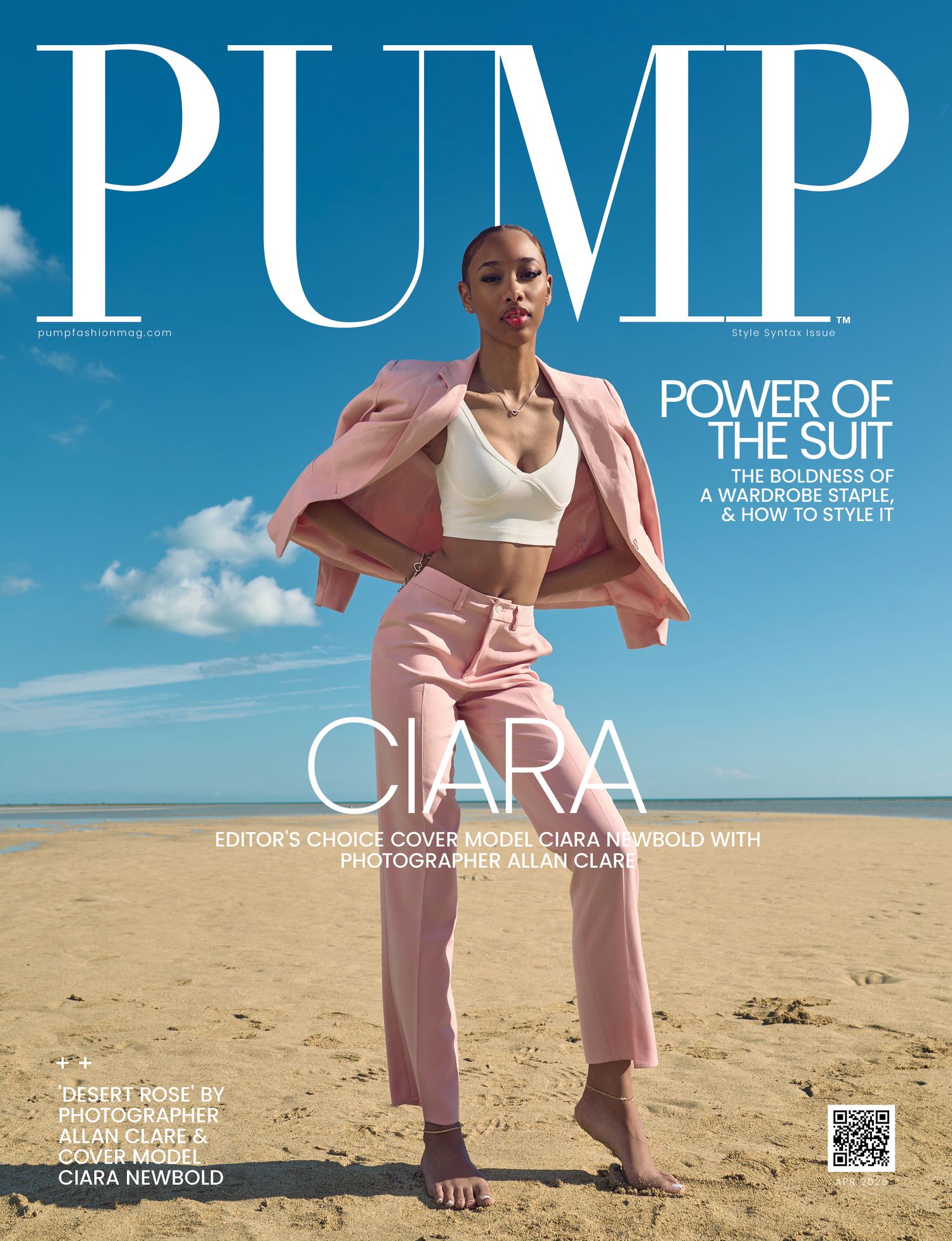 Ciara Newbold graces PUMP Magazine cover in a chic pink blazer and wide-leg trousers on a sunny beach.