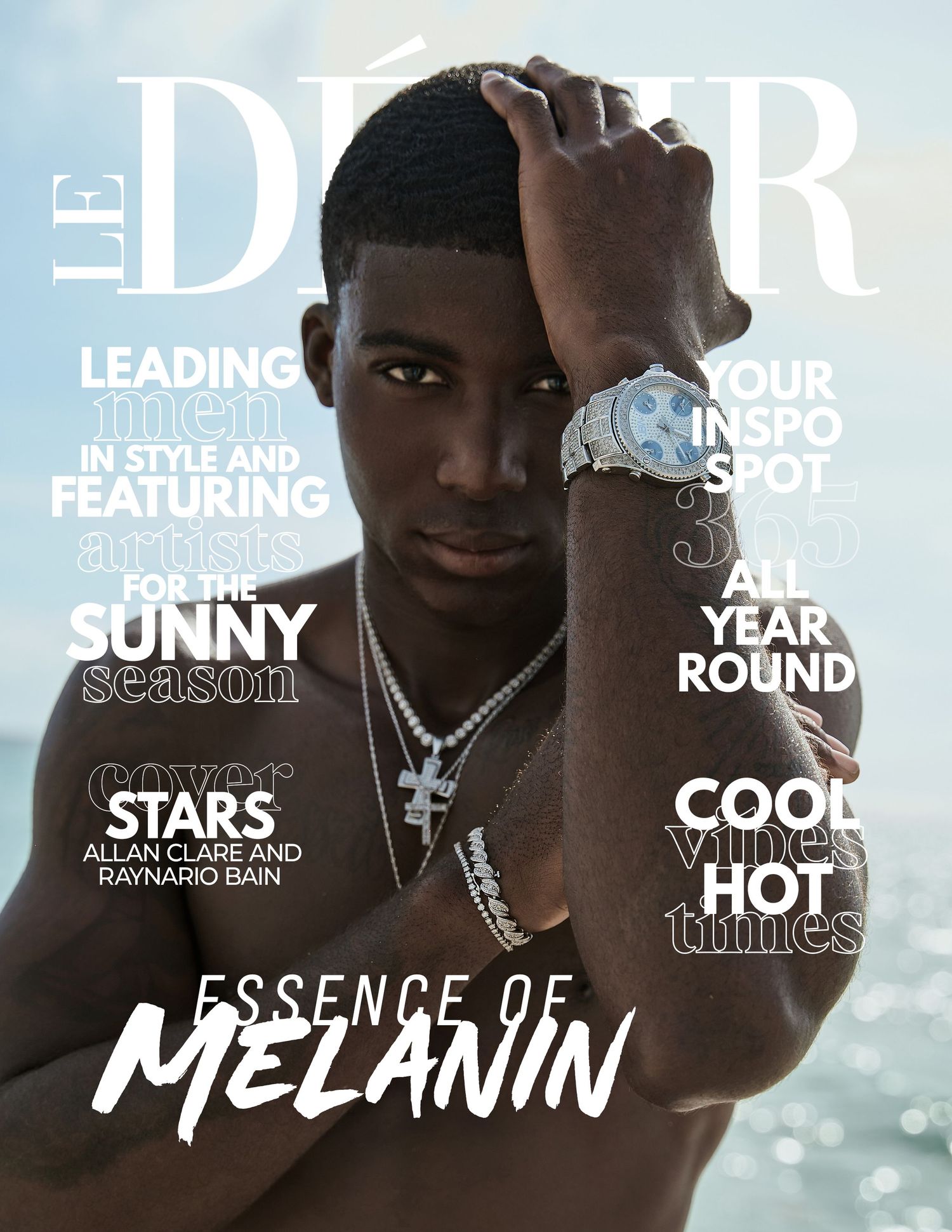Male model Raynario Bain poses shirtless on Le Deur magazine cover for Essence of Melanin feature.
