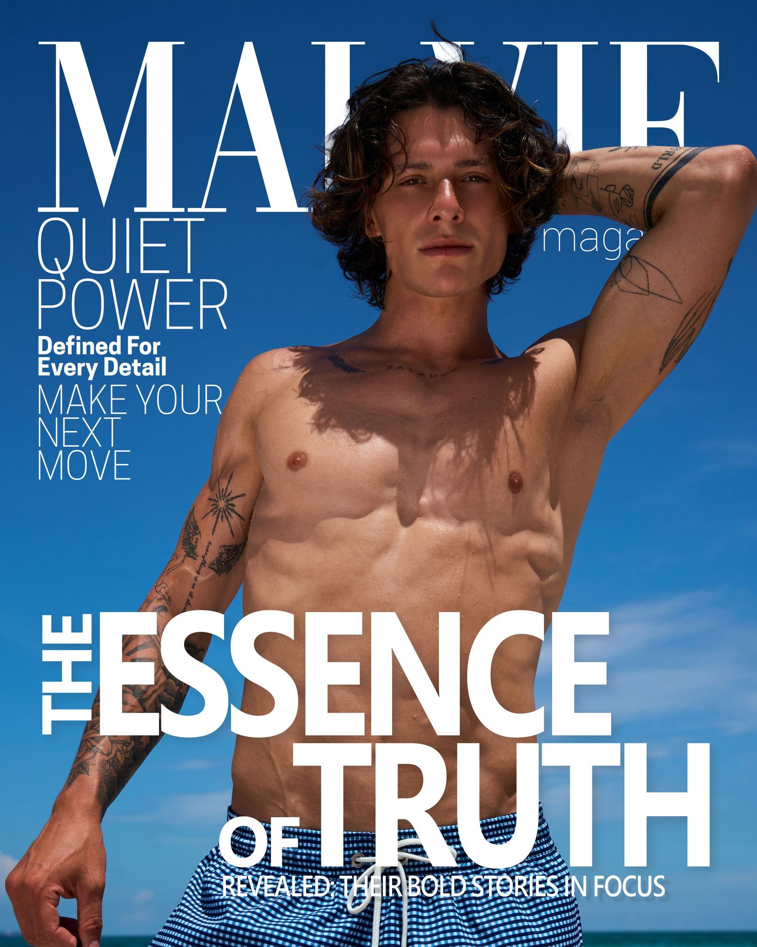 Malvie Magazine cover featuring a shirtless tattooed male model with curly hair, headline reads The Essence of Truth.