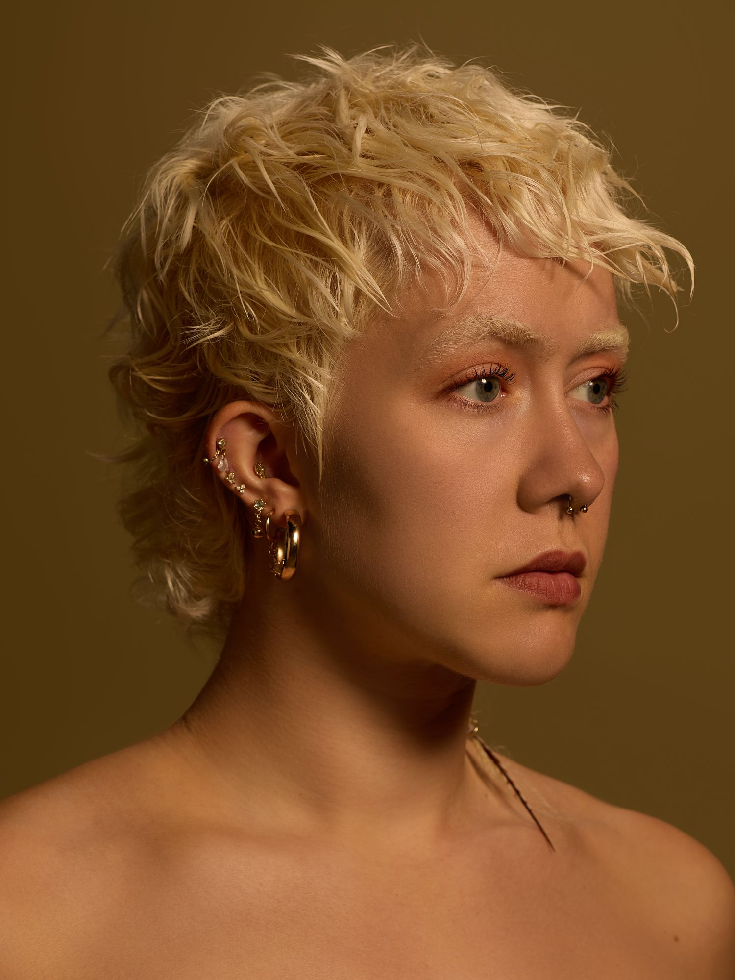 Artistic portrait series with blonde hair and natural makeup in golden lighting.