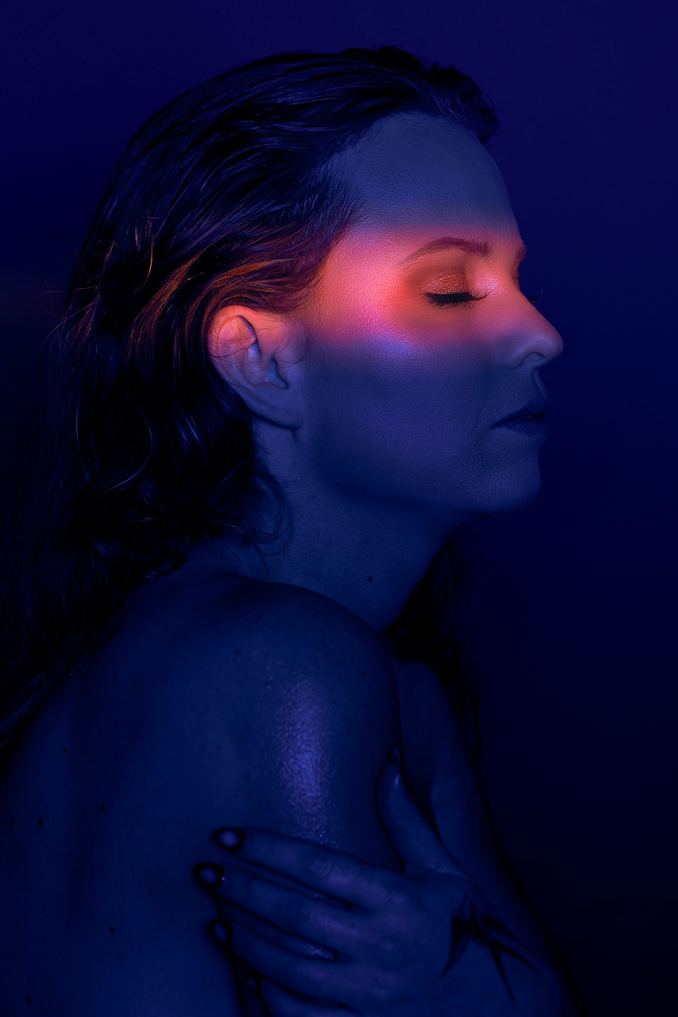 Silhouette portrait in deep blue tones with pink accent lighting.