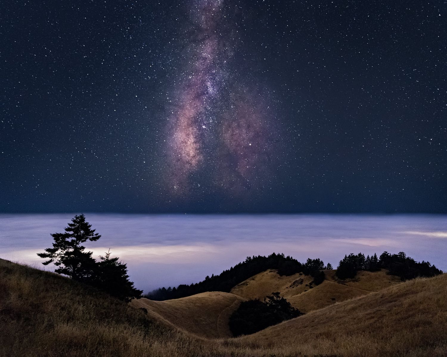 A photo of the stunning Milky Way galaxy stretching across the night sky above foggy rolling hills and silhouetted pine trees.