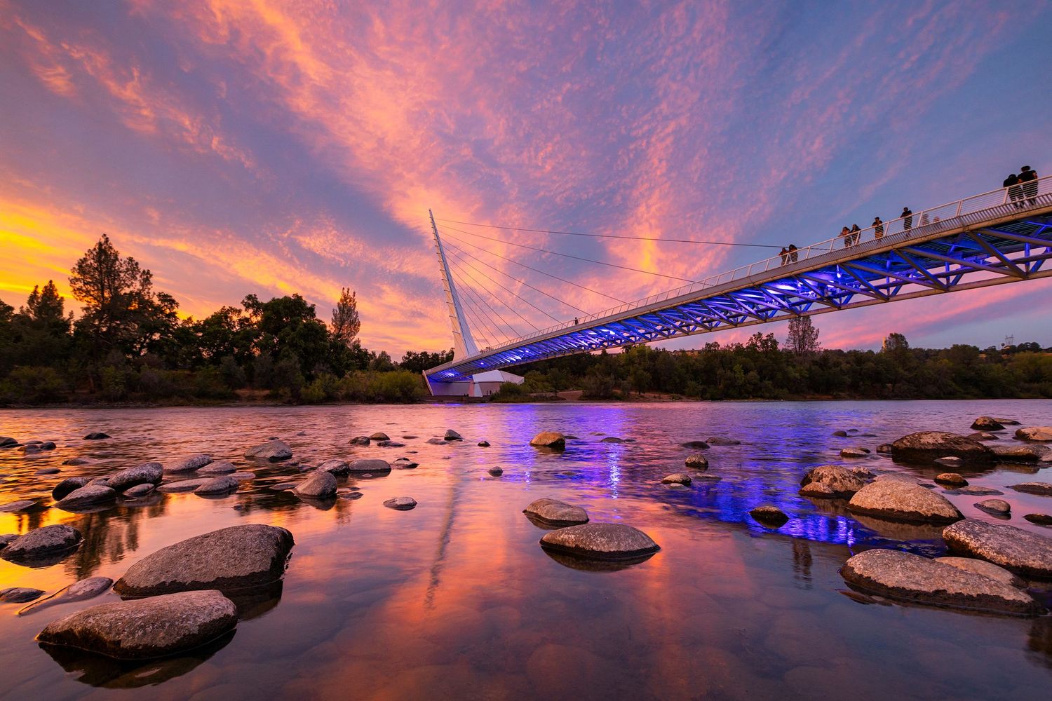 Sundial Bridge at sunset over the Sacramento River with vibrant pink sky and rocky shoreline in Redding, California.