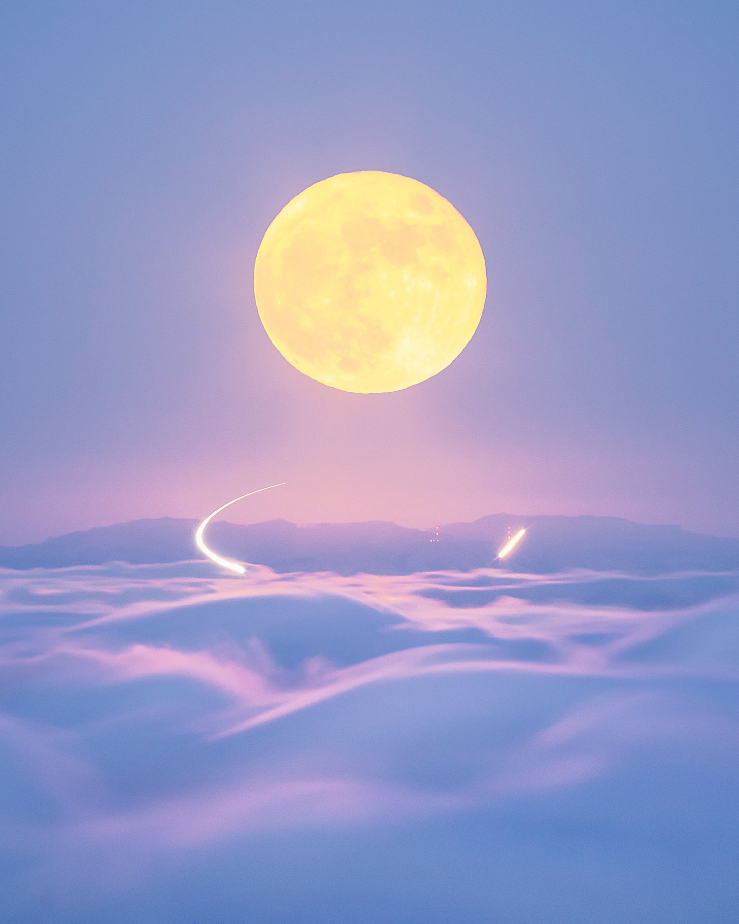 A glowing full moon rises above soft purple clouds with light trails streaking across the dreamy sky.