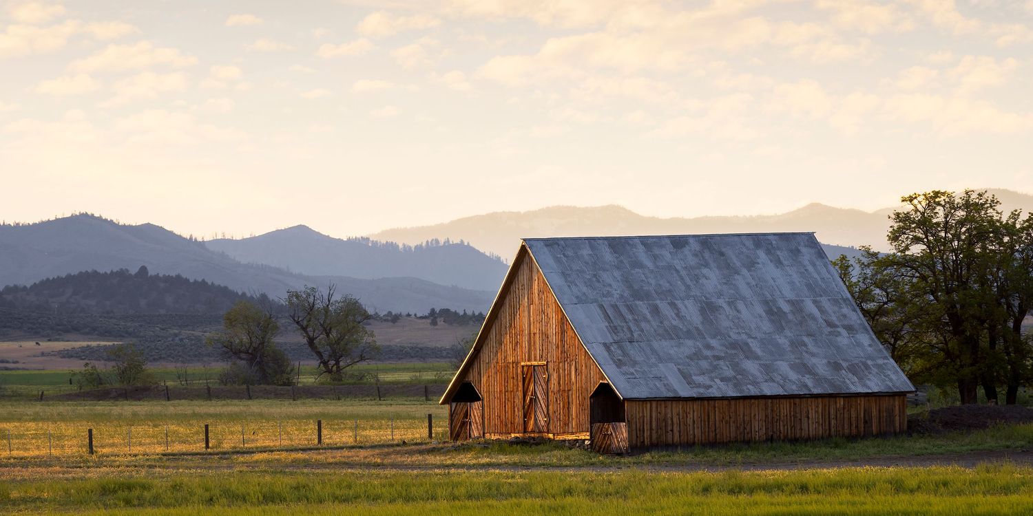Rustic wooden barn with metal roof in golden California field, mountain range and trees in background at sunset.
