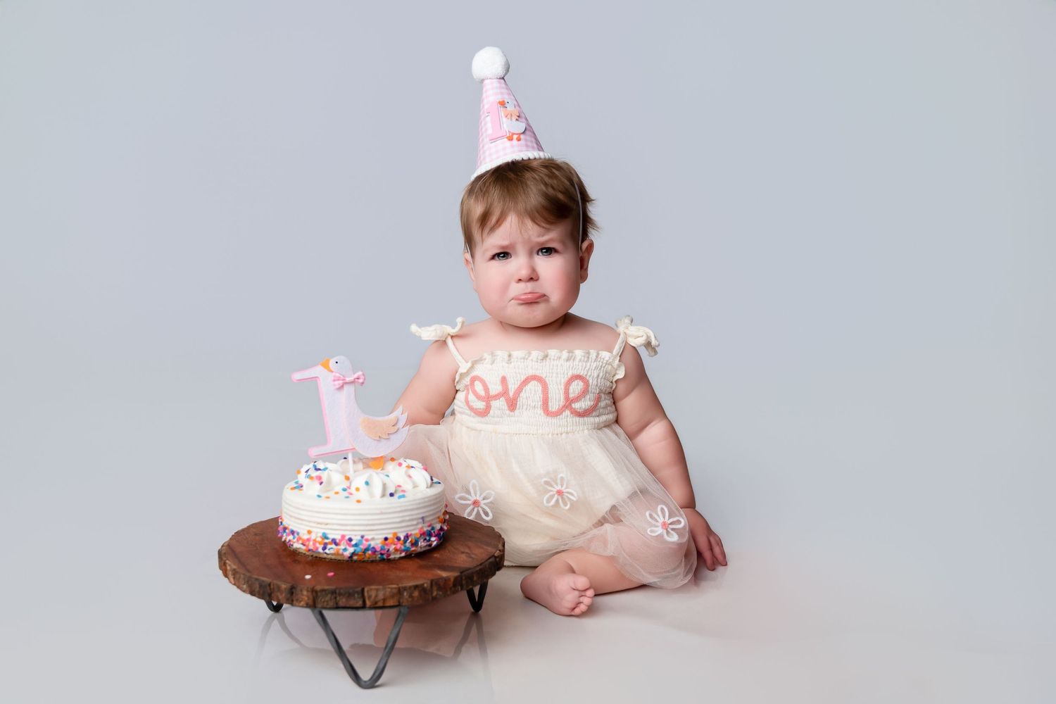 Baby in pink dress sits with birthday cake during first birthday cake smash photo session.