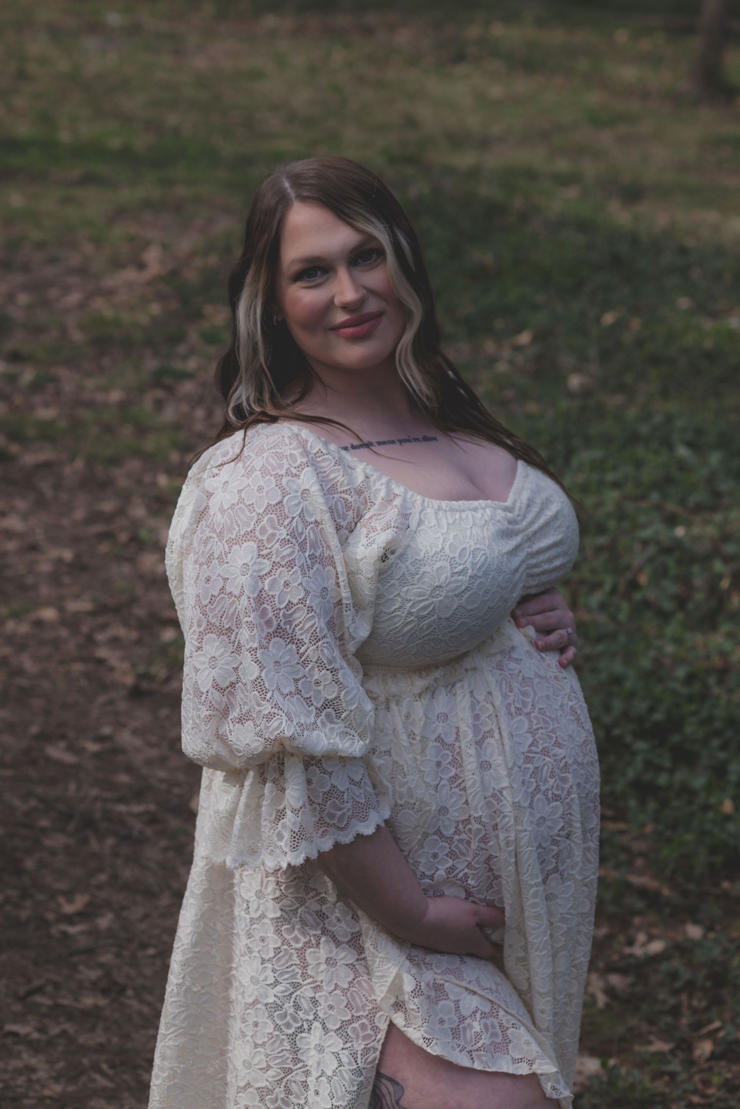 Series of romantic maternity photos featuring delicate white lace dresses in an outdoor setting.