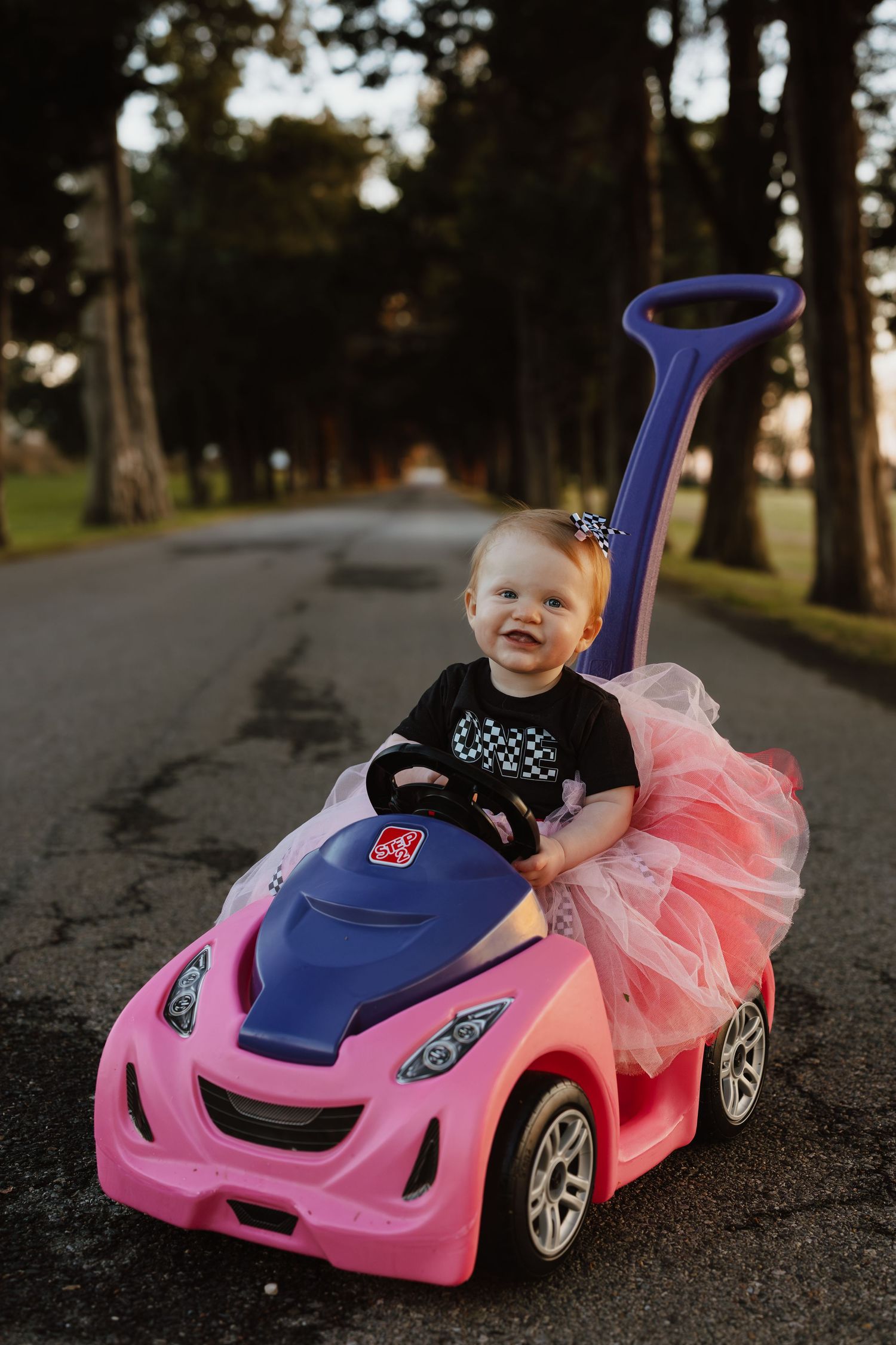 A child rides a pink and blue push car toy on a tree-lined path at sunset.