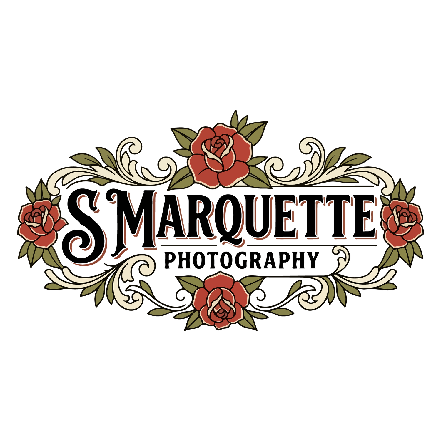 S Marquette Photography logo featuring vintage typography surrounded by red roses and ornate green foliage scrollwork.