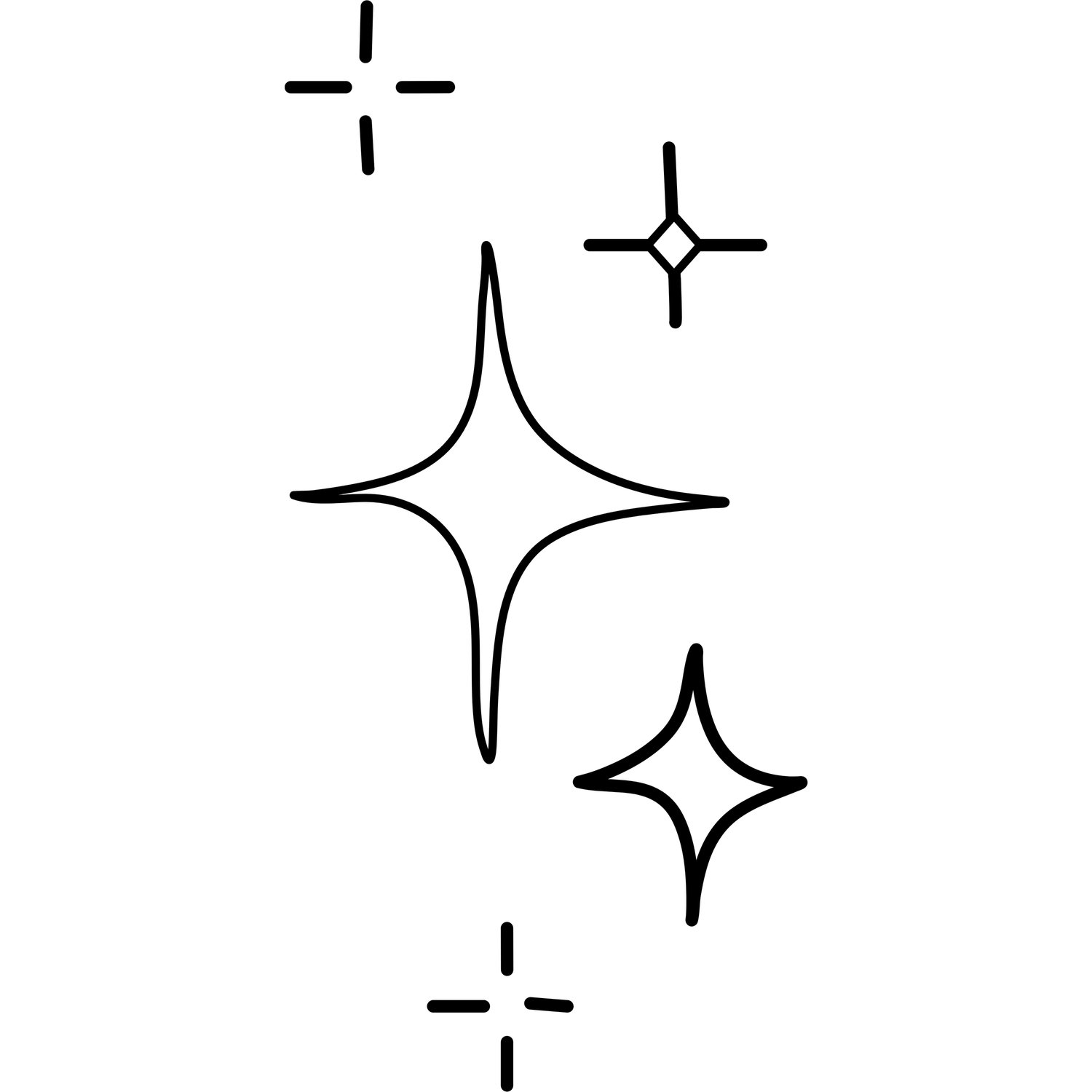 Four sparkle stars in outline style, varying sizes, arranged diagonally on white background.