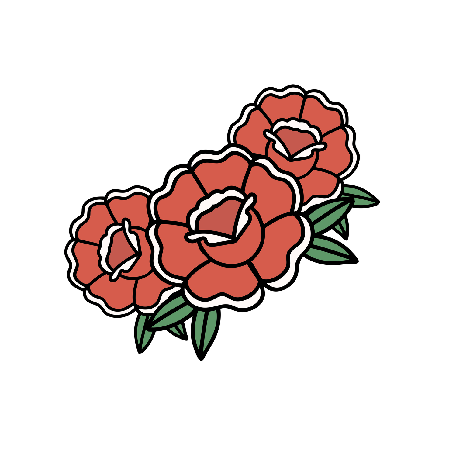Three red peony flowers with green leaves in a classic traditional tattoo style illustration.